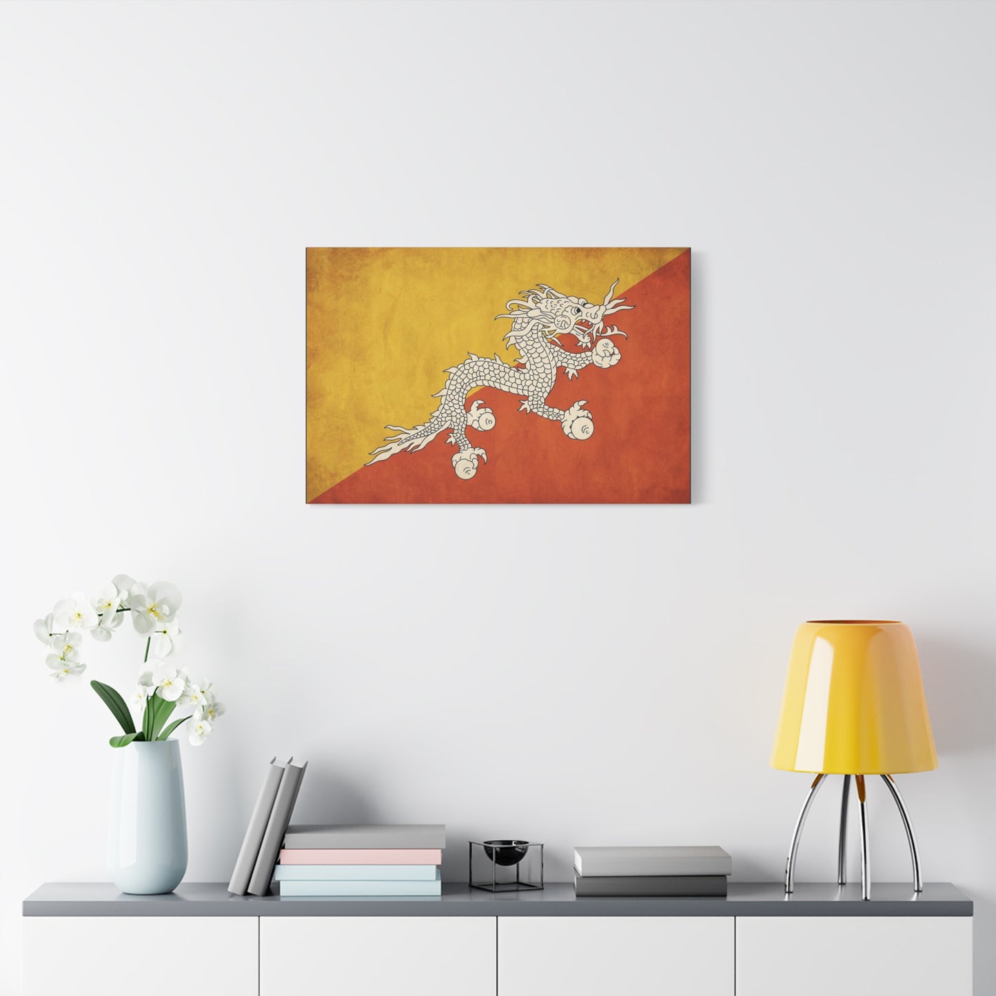 Bhutan Flag Dragon Canvas Wall Art - White Druk On Yellow Orange Field - Vintage Textured Print, Cultural Wall Decor, Living Room Home Decoration - Modern Farmhouse Style - Bedroom Home Decoration