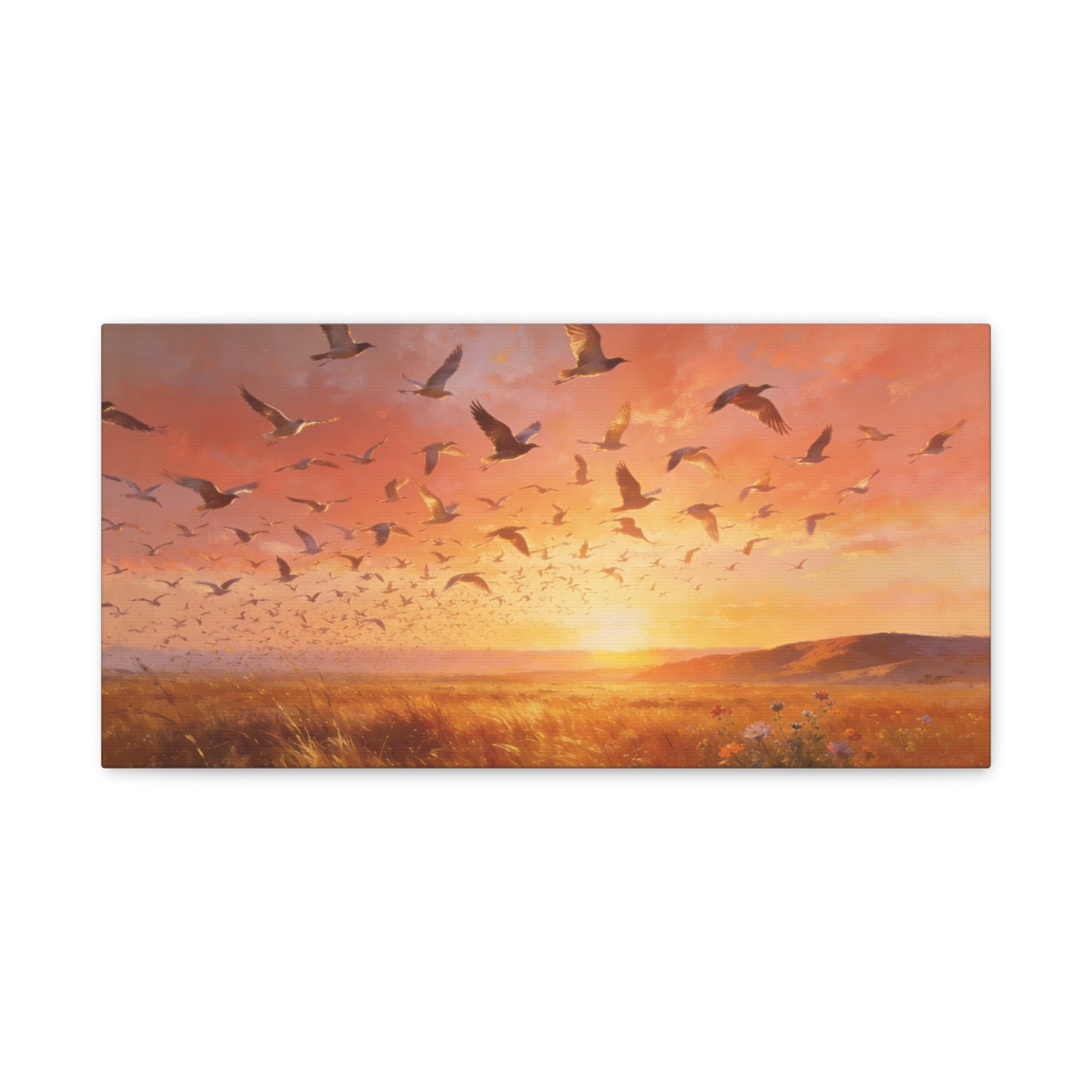 Flock Of Seabirds Canvas Wall Art - Sunset Meadow Landscape Print, Warm Golden Sky, Painterly Nature Scene - Contemporary Style - Living Room Wall Decor Bedroom Decoration - Bedroom Home Decoration