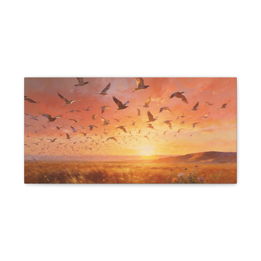 Flock Of Seabirds Canvas Wall Art - Sunset Meadow Landscape Print, Warm Golden Sky, Painterly Nature Scene - Contemporary Style - Living Room Wall Decor Bedroom Decoration - Bedroom Home Decoration