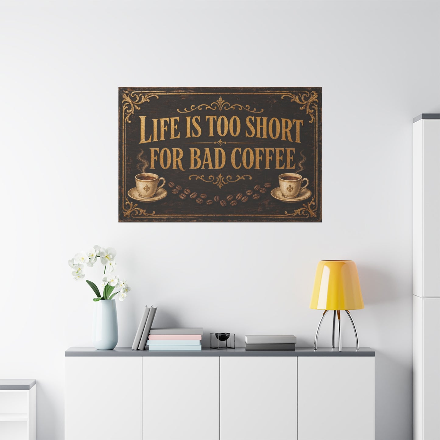 "Life Is Too Short For Bad Coffee" Canvas Wall Art - Vintage Coffee Quote Decor, Rustic Brown Typography Print, Farmhouse Cafe Wall Hanging - Ready to Hang - Bistro Decor - Espresso Bar Sign