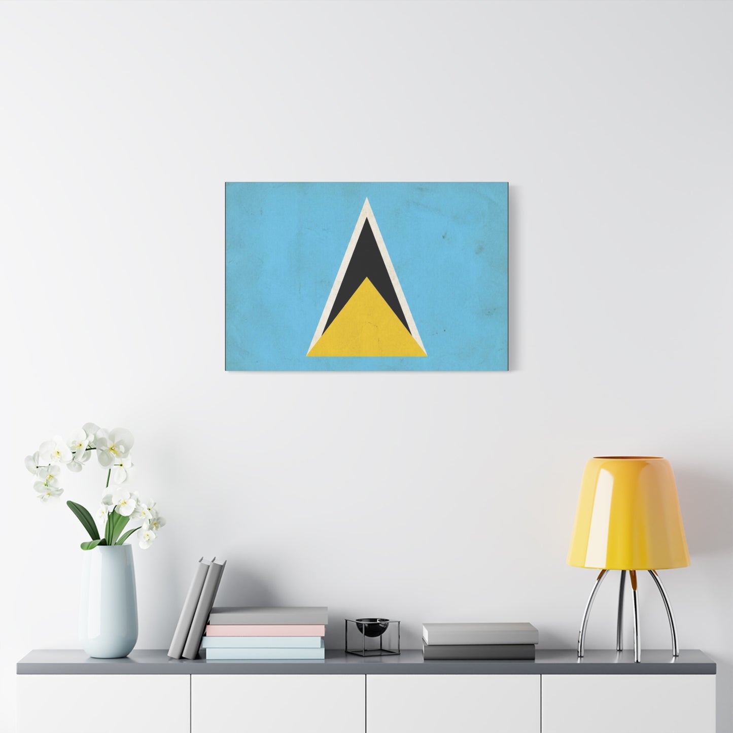 Saint Lucia Flag Canvas Wall Art - Blue Yellow Black Triangle Design, Minimalist Geometric Print - Modern Caribbean Decor - Living Room Wall Decor, Office Art Accent - Bedroom Home Decoration