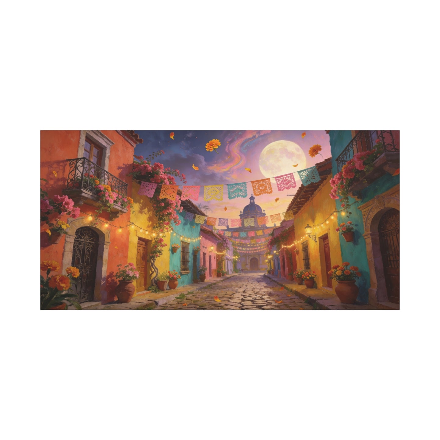 Moonlit Colorful Colonial Street Canvas Wall Art - Papel Picado, Marigolds, Full Moon - Dreamy Matte Canvas Print - Living Room Wall Decor, Bedroom Home Decoration - Bedroom Home Decoration