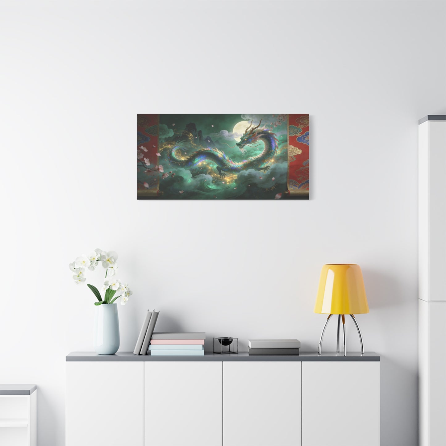 Moonlit Chinese Dragon Canvas Wall Art - Fantasy Cloudscape, Cherry Blossoms, Gold Accents - Luminous Asian Illustration - Living Room Wall Decor, Bedroom Home Decoration - Bedroom Home Decoration