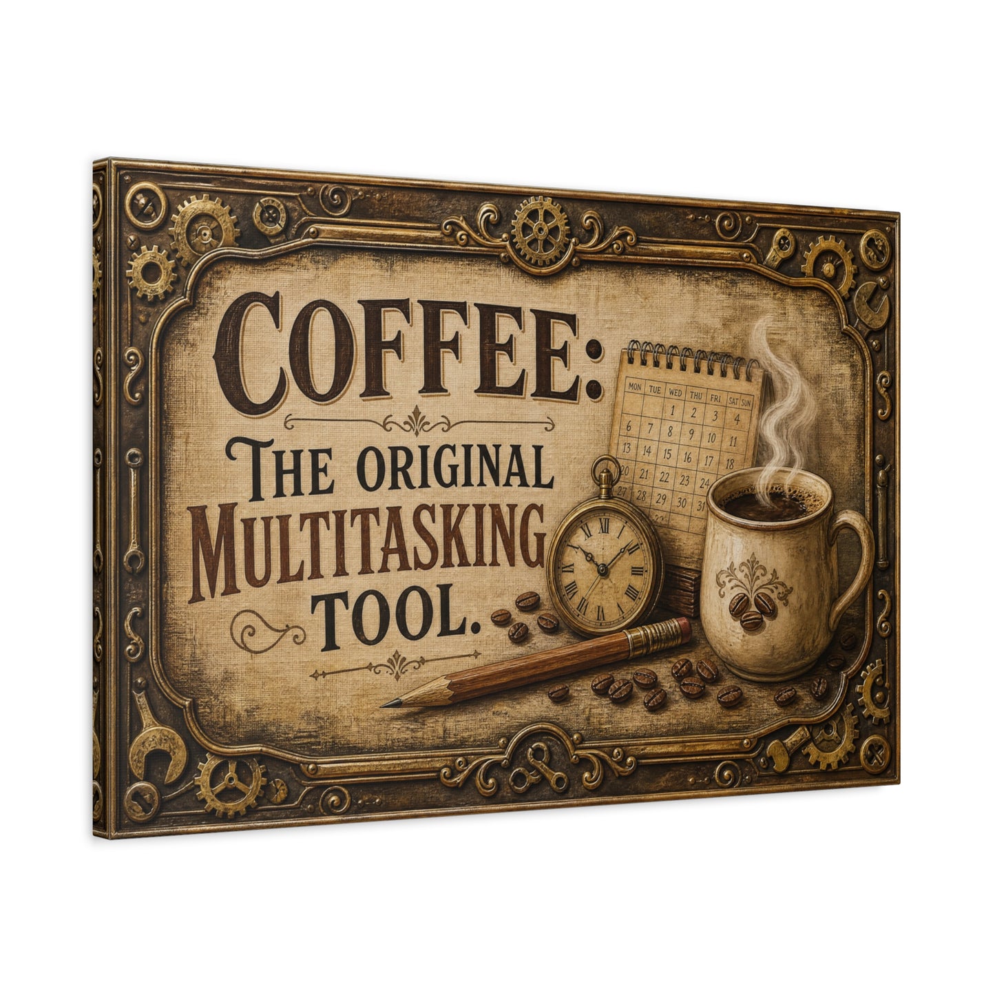 "Coffee: The Original Multitasking Tool." Canvas Wall Art - Vintage Coffee Cup Quote Print, Rustic Wall Decor, Steampunk Style, Cafe Accent - Ready to Hang - Bistro Decor - Espresso Bar Sign