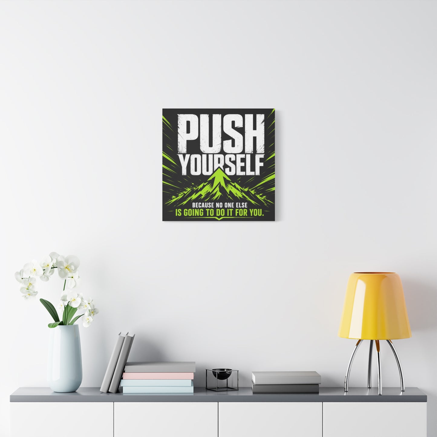 "Push Yourself Because No One Else Is Going To Do It For You" Motivational Canvas Wall Art - Bold Typography Quote Print, Modern Black Neon Green Design - Home Office Wall Decor, Teen Room