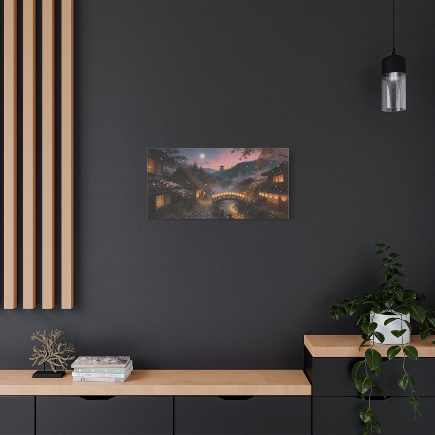 Japanese Village Moonlit Canvas Wall Art - Lantern Bridge, Cherry Blossom Petals, Pagoda Landscape - Matte Cotton Print - Traditional Style, Living Room Wall Decor, Bedroom Decoration - Ready to Hang