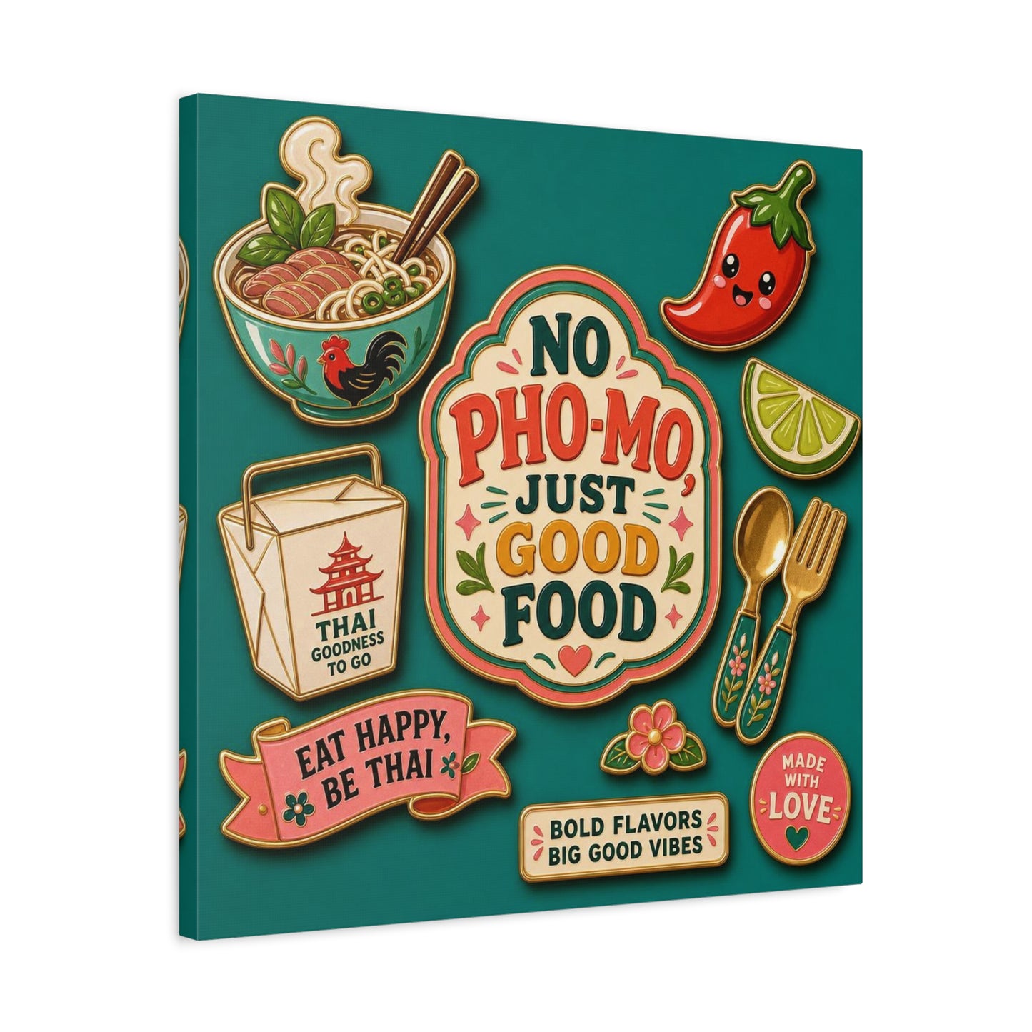 "No Pho-Mo Just Good Food" Canvas Wall Art - Thai Food Quote Kitchen Decor - Colorful Illustration Print, Retro Typography Style - Dining Room Accent, Cafe Wall Decor - Bedroom Home Decoration
