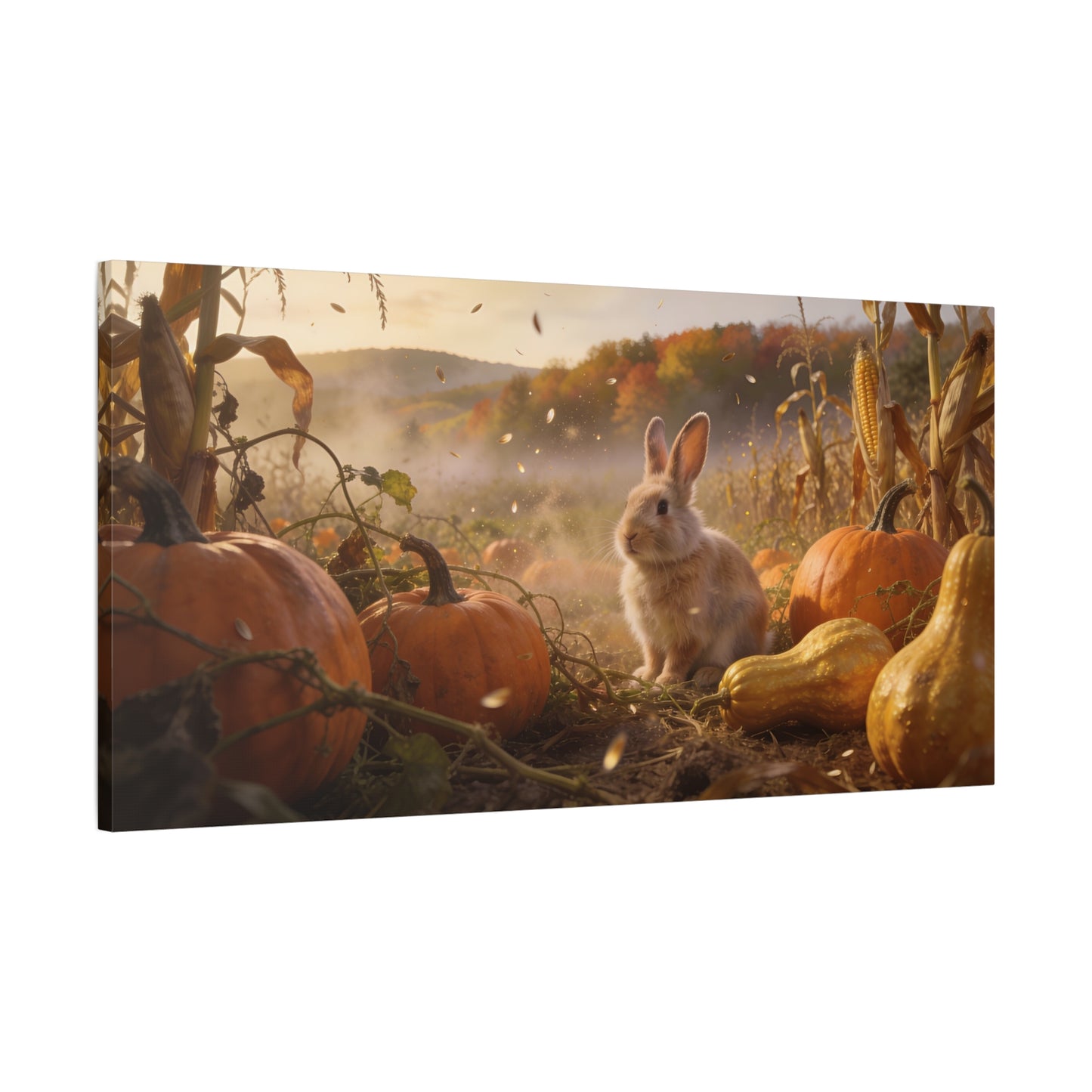 Autumn Bunny Canvas Wall Art - Rabbit In Pumpkin Patch, Golden Harvest Farm Scene - Rustic Matte Canvas Print - Bedroom Wall Decor, Living Room Home Decoration, Nursery Accent - Modern Farmhouse Style