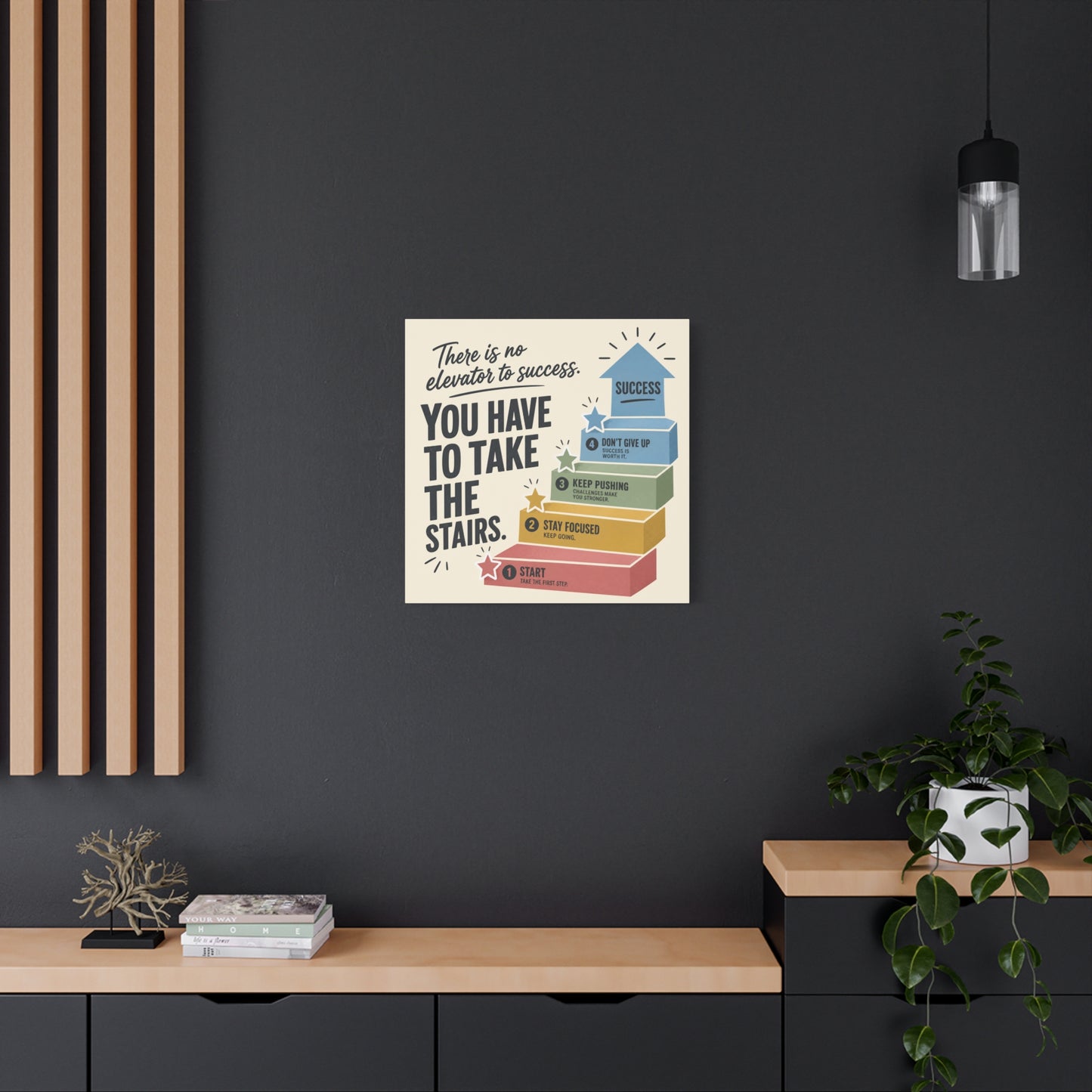 "There Is No Elevator To Success. You Have To Take The Stairs." Motivational Canvas Wall Art - Typography Quote Print, Office Decor, Classroom Poster, Modern Inspirational Home Decoration