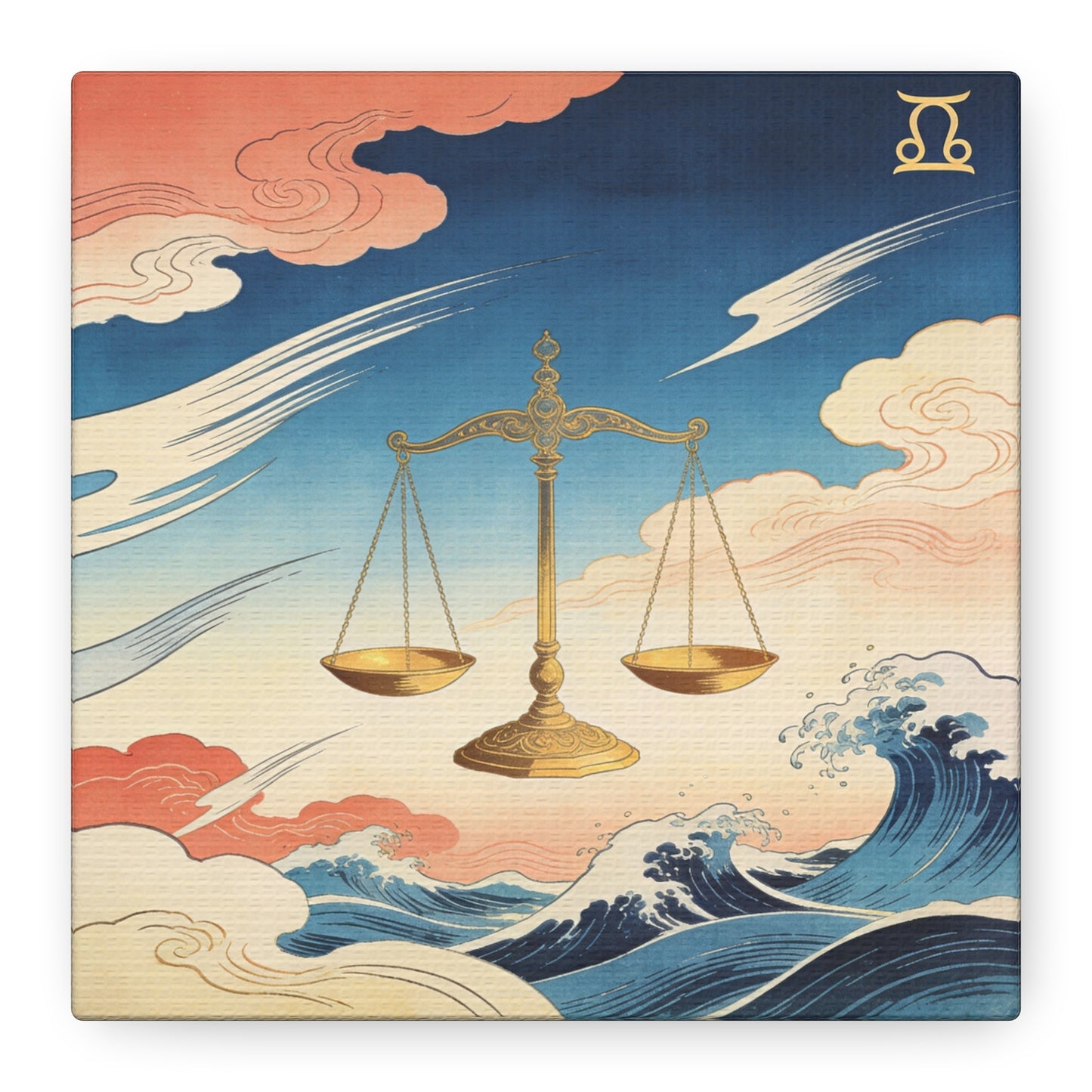Libra Zodiac Canvas Wall Decor - Vintage Japanese Wave Scales Illustration - Celestial Astrology Print, Gold Balance Symbol, Traditional Style, Bedroom Home Decoration - Living Room Wall Decor