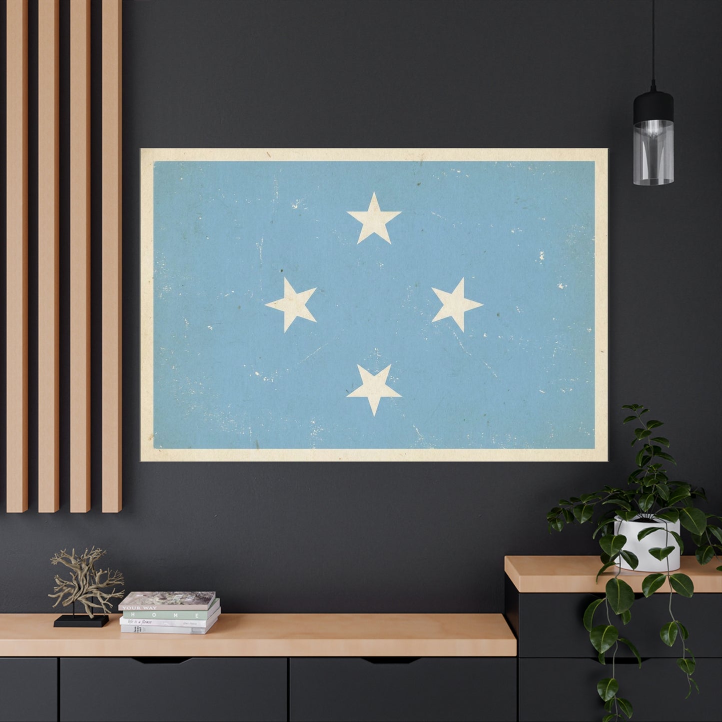 Micronesia Flag Canvas Wall Art - Vintage Blue Four White Stars Print - Distressed Patriotic Island Decor - Coastal Style Living Room Wall Decor, Bedroom Home Decoration - Bedroom Home Decoration