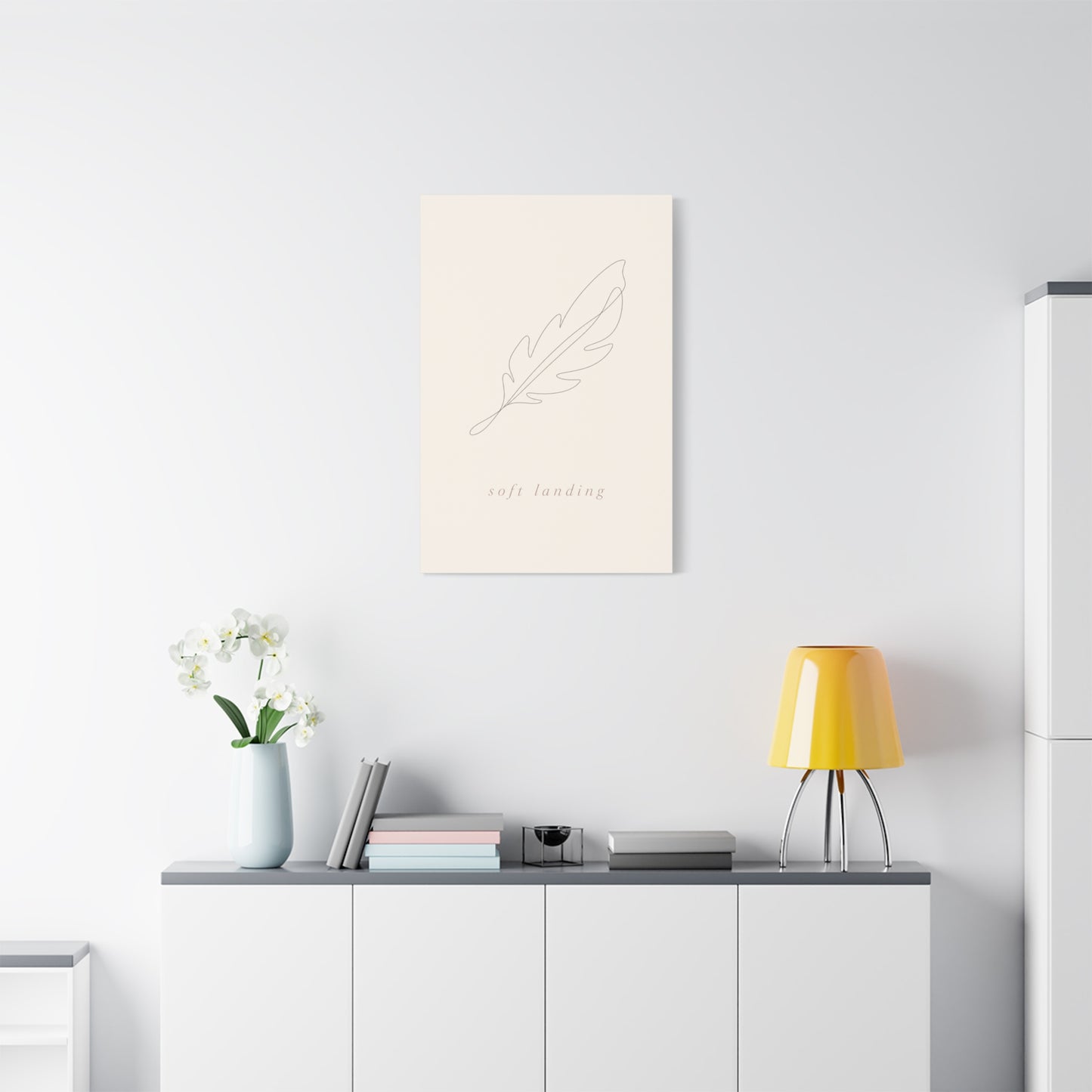 "Soft Landing" Feather Canvas Wall Art - Minimalist Line Drawing, Neutral Beige Cotton Print - Contemporary Bedroom Wall Decor, Nursery Home Decoration, Calming Office Accent - Bedroom Home Decoration