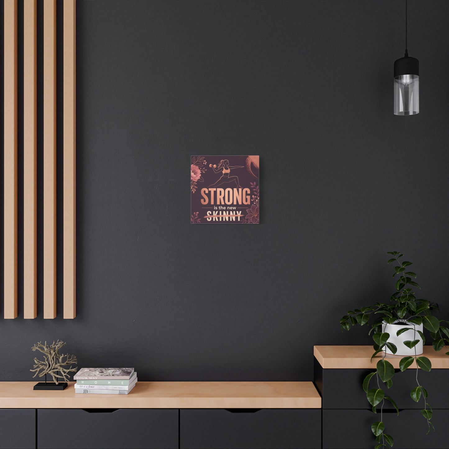 "Strong Is The New Skinny" Fitness Canvas Wall Art - Woman With Dumbbell Floral Quote Print - Rose Gold Motivational Decor - Modern Bedroom Wall Decor - Bedroom Home Decoration - Cozy Reading Nook Art