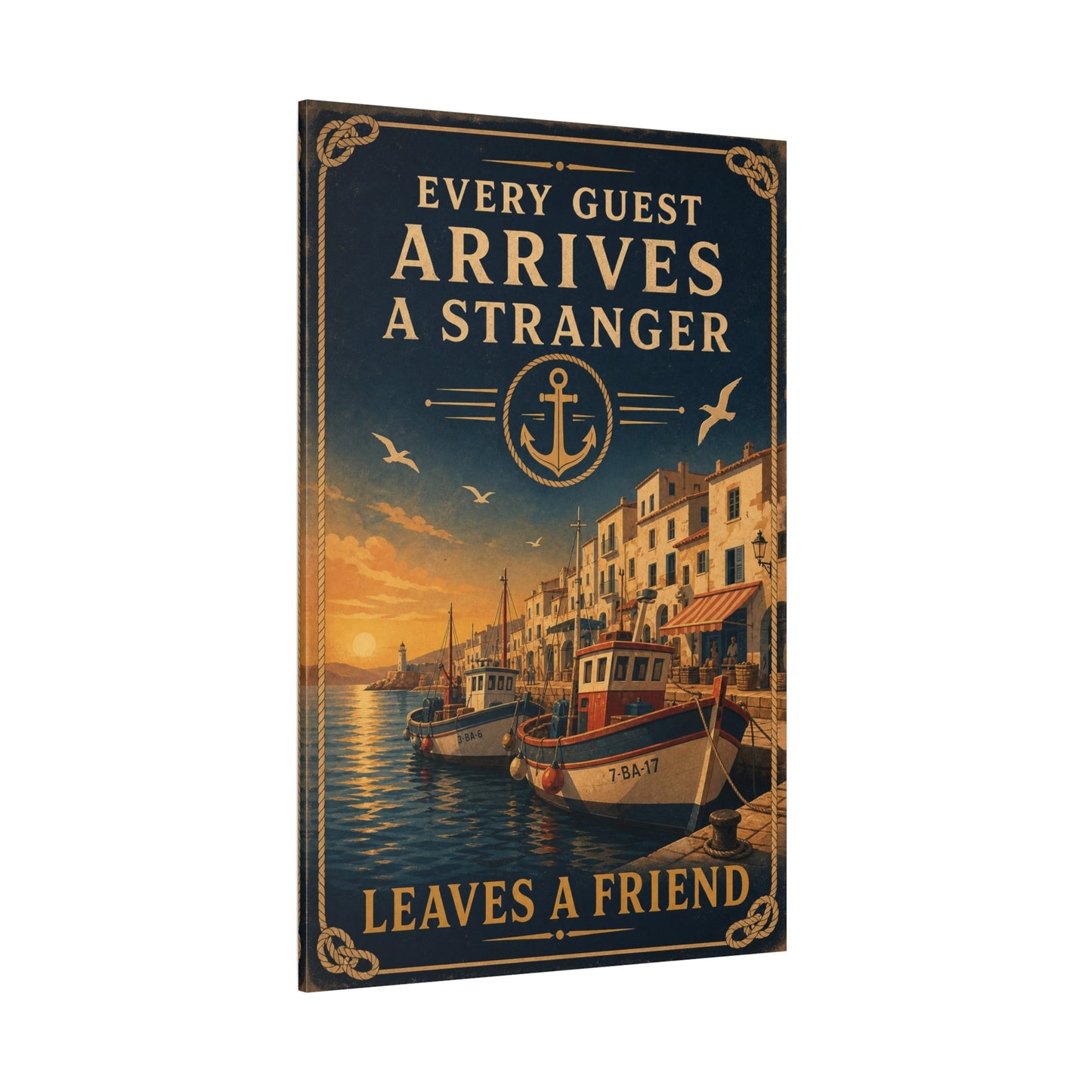"Every Guest Arrives A Stranger Leaves A Friend" Nautical Canvas Wall Art - Vintage Harbor Sunset, Coastal Typography Print, Anchor Sailor Decor, Living Room Wall Decor - Bedroom Home Decoration