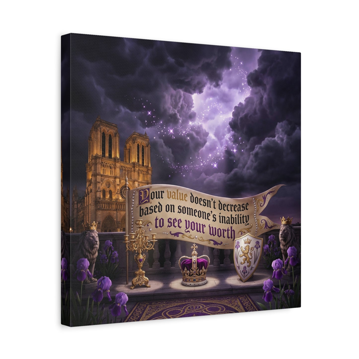 "Your Value Doesn't Decrease Based On Someone's Inability To See Your Worth" Canvas Wall Art - Gothic Cathedral, Purple Sky, Crown And Lions - Inspirational Home Decor - Living Room Bedroom