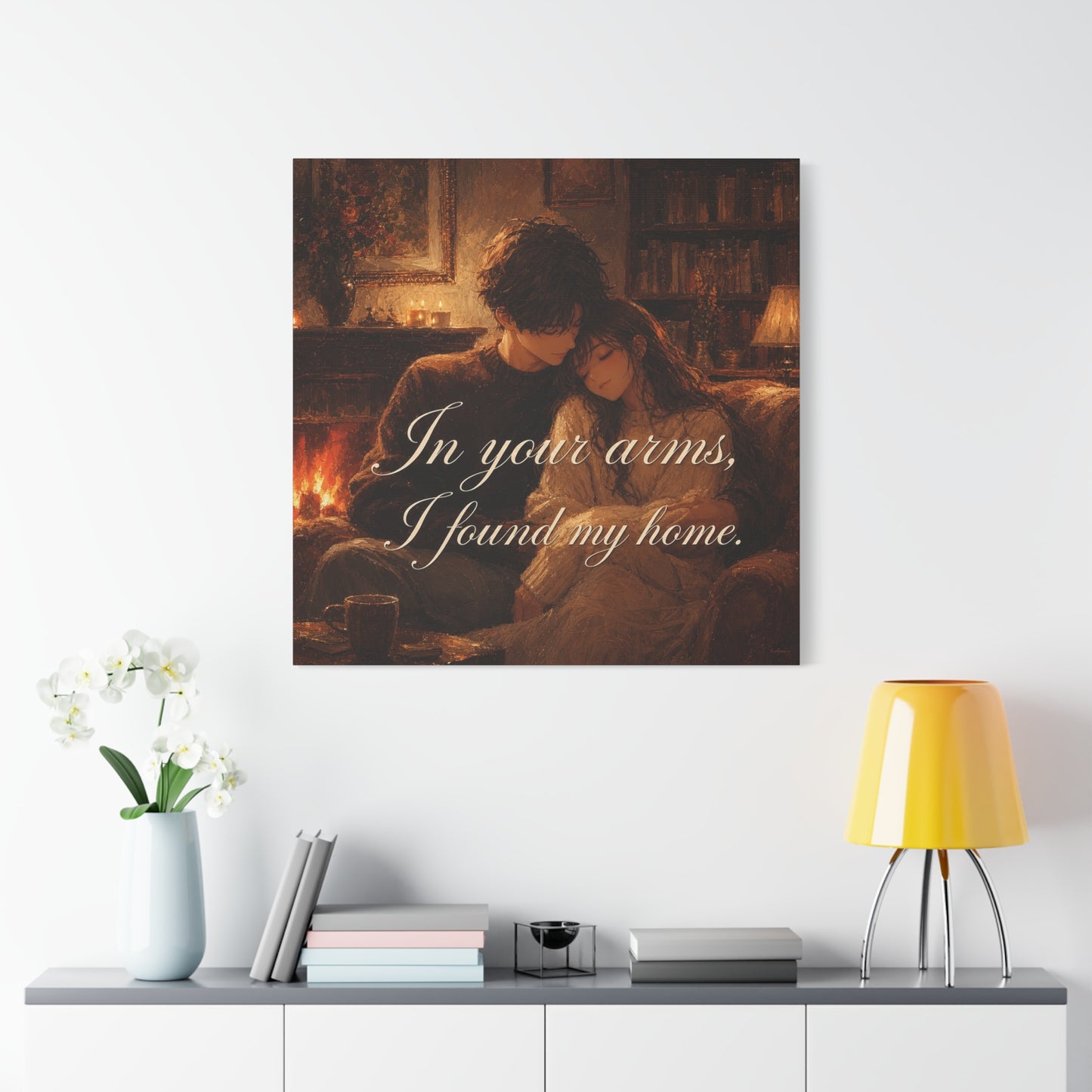 "In Your Arms, I Found My Home" Romantic Couple Canvas Wall Art - Cozy Fireplace Library Scene, Warm Vintage Style - Bedroom Home Decoration, Living Room Accent - Ready to Hang - Office Wall Art