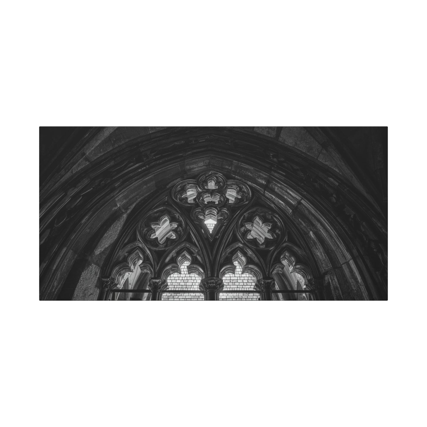 Gothic Cathedral Arch Canvas Wall Art - Black And White Architectural Art Print - Moody Stone Tracery, Matte Finish - Living Room Wall Decor, Office Art Accent - Bedroom Home Decoration