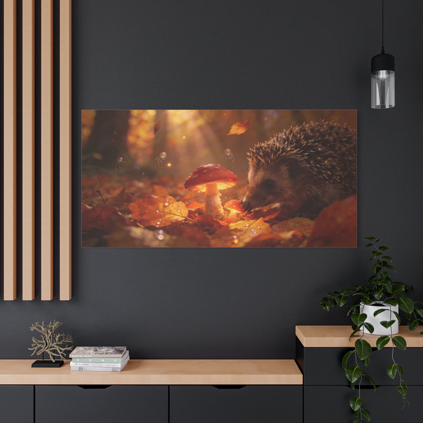 Hedgehog Mushroom Canvas Wall Art - Autumn Forest Wildlife Canvas Print, Glowing Red Toadstool, Warm Golden Light, Whimsical Nature Decor, Living Room Wall Decor, Bedroom Accent - Ready to Hang