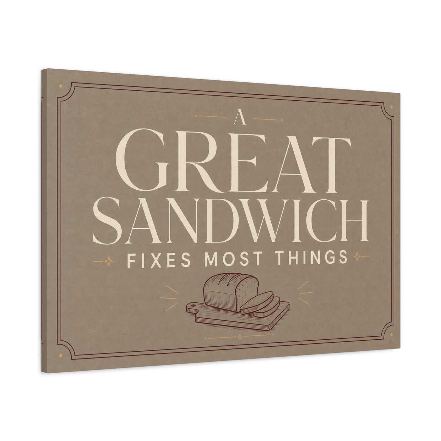 "A Great Sandwich Fixes Most Things" Canvas Wall Art - Vintage Typography Bread Illustration - Neutral Farmhouse Style - Funny Food Quote - Deli Wall Decor - Sandwich Shop Sign - Diner Decor