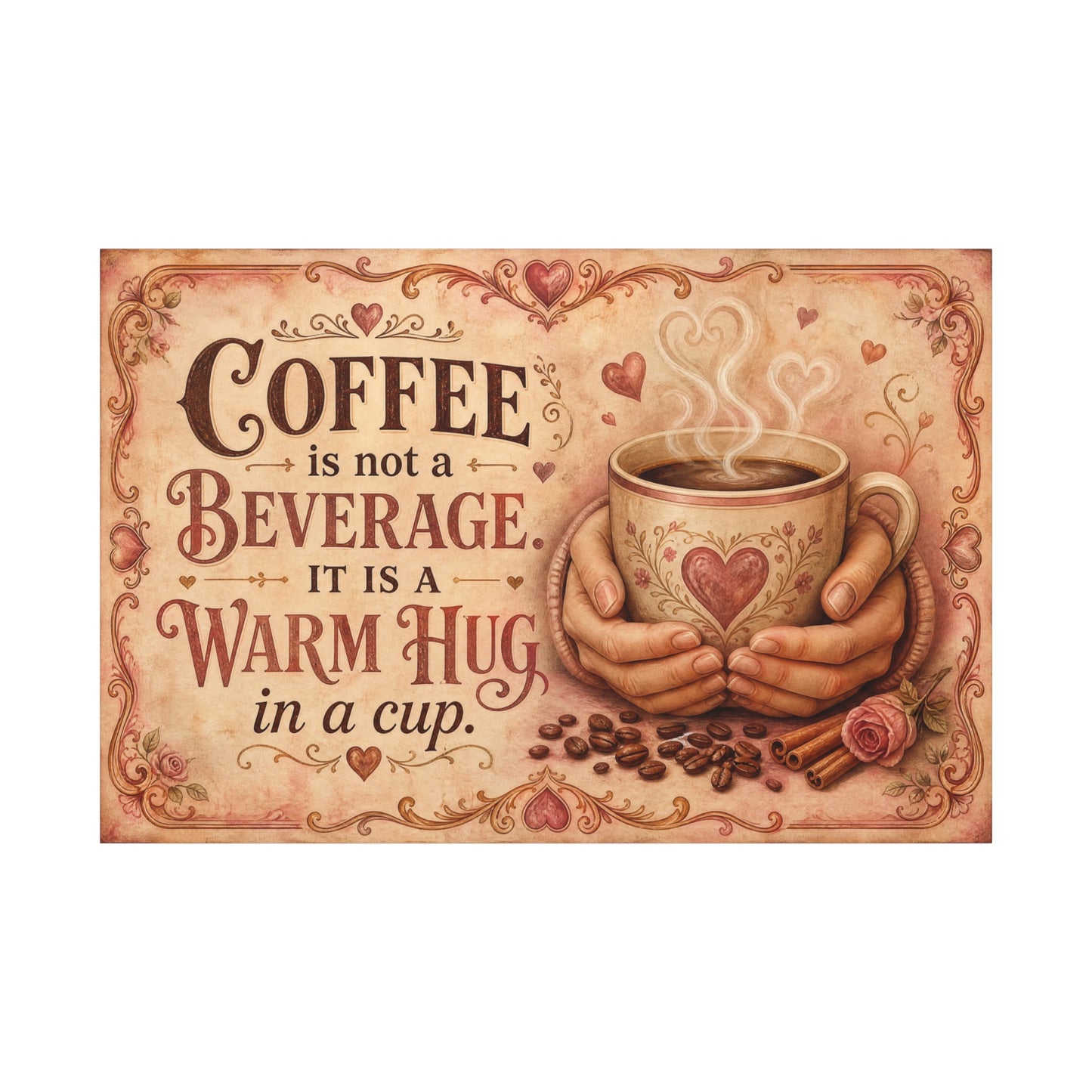 "Coffee Is Not A Beverage, It Is A Warm Hug In A Cup" Canvas Wall Art - Vintage Quote Print, Romantic Cottage Style, Farmhouse Decor, Cafe Wall Accent - Coffee Shop Decor - Espresso Bar Sign