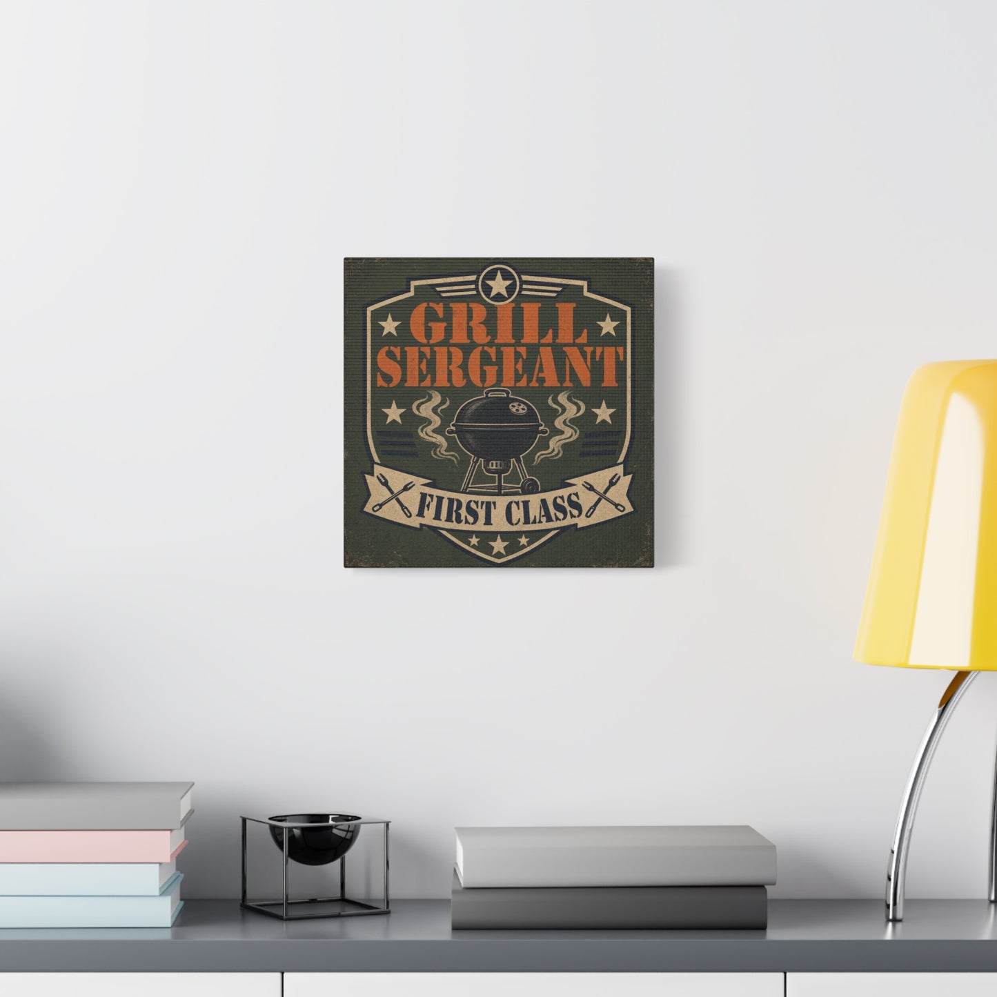 "Grill Sergeant First Class" BBQ Canvas Wall Art - Vintage Grill Badge Sign, Rustic Patriotic Kitchen Decor, Retro Barbecue Poster Style, Man Cave Wall Decor - Ready to Hang - Bedroom Home Decoration