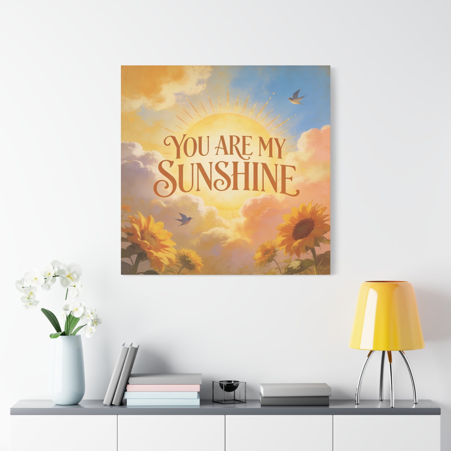 "You Are My Sunshine" Sunflower Canvas Wall Art - Vintage Typography Sky, Birds - Inspirational Farmhouse Style - Living Room Wall Decor, Bedroom Home Decoration, Office Art Accent - Ready to Hang