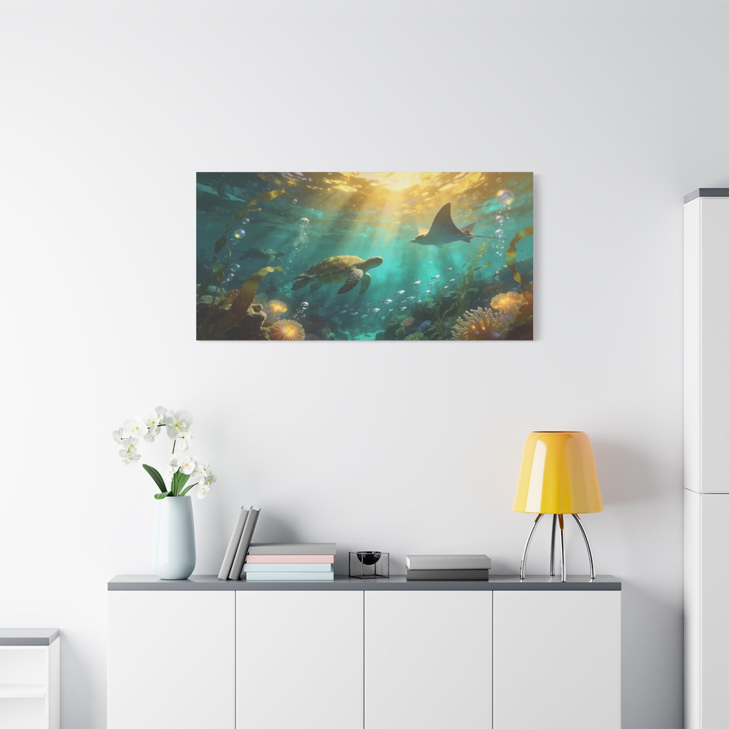 Sea Turtle And Stingray Canvas Wall Art - Sunlit Underwater Ocean Scene, Coral Reef Marine Life, Matte Cotton Print - Coastal Style, Living Room Wall Decor, Bedroom Home Decoration - Ready to Hang