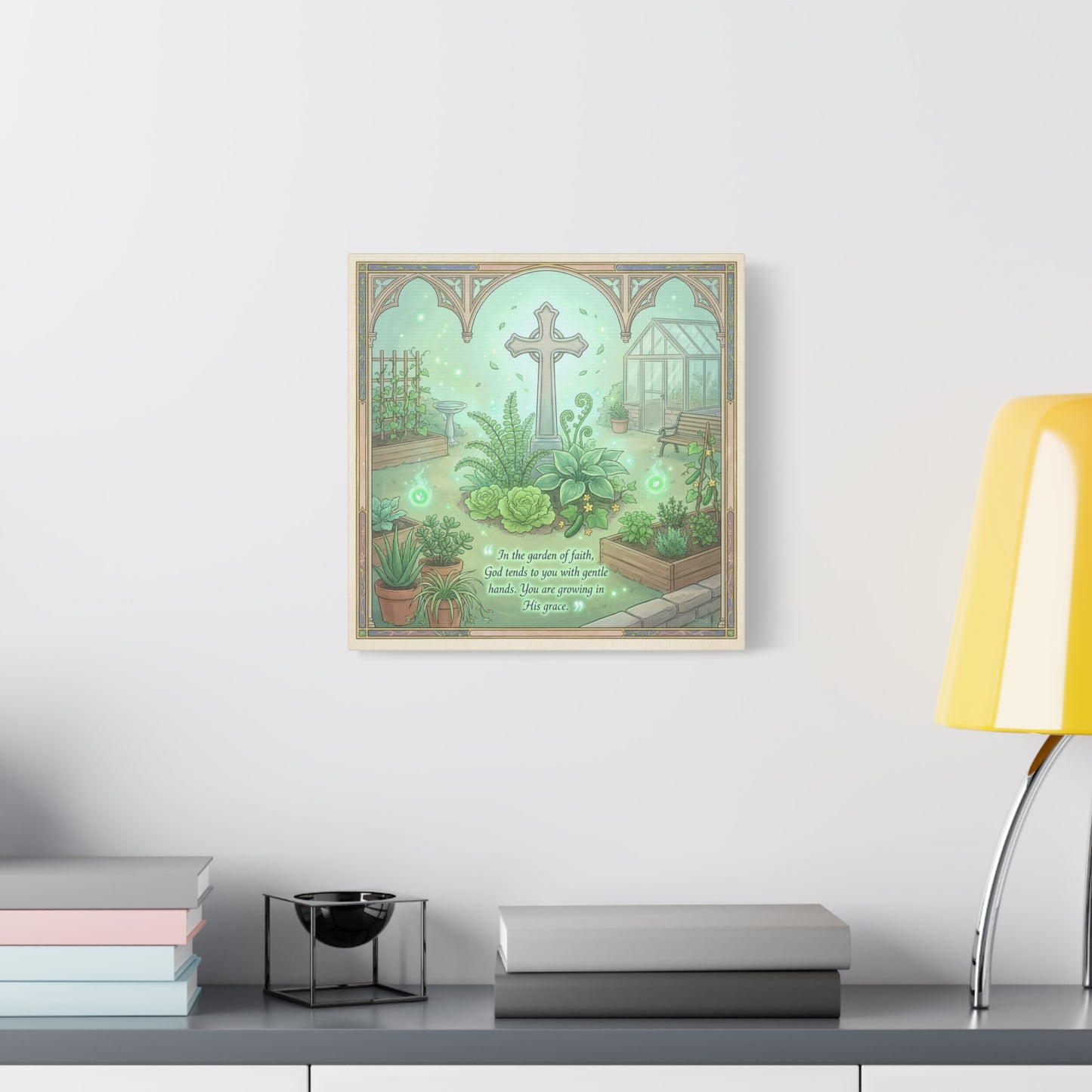 "In The Garden Of Faith" Christian Canvas Wall Art - Cross Garden Quote Print - Botanical Scripture Decor, Matte Cotton Canvas - Traditional Religious Wall Decor For Bedroom Office - Ready to Hang