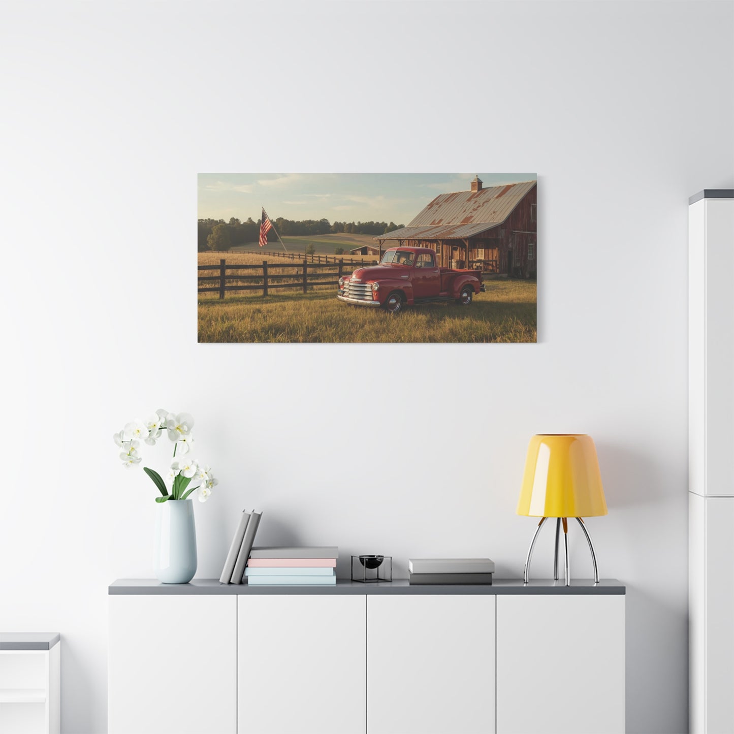 Red Vintage Pickup Truck Canvas Wall Art - Rustic Barn, American Flag Farm Landscape - Country Art Print, Traditional Style - Living Room Wall Decor, Office Art Accent - Modern Farmhouse Style