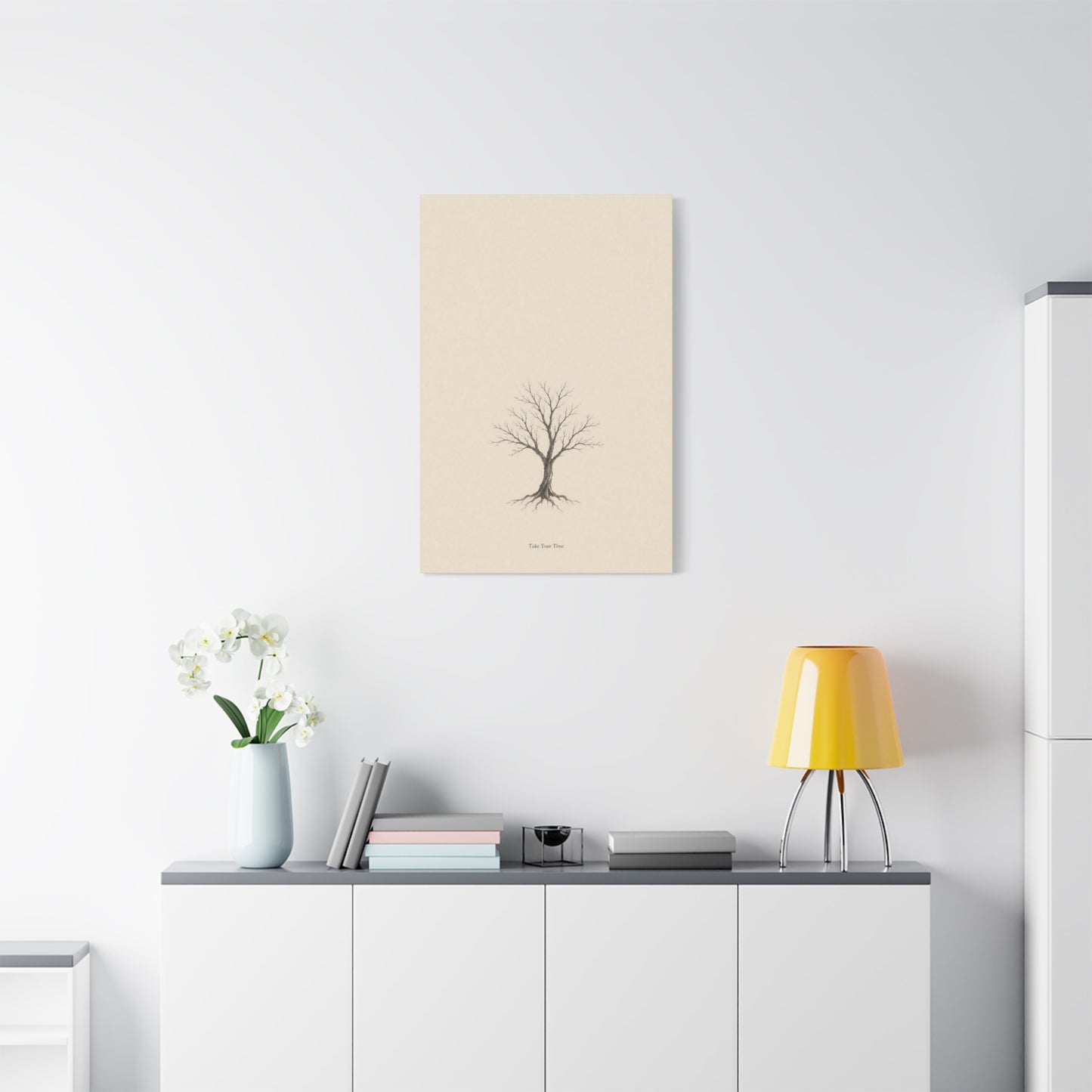 "Take Your Time" Minimalist Tree Canvas Wall Art - Neutral Botanical Print, Beige Contemporary Decor - Matte Cotton Artwork - Bedroom Home Decoration - Living Room Wall Decor - Bedroom Home Decoration