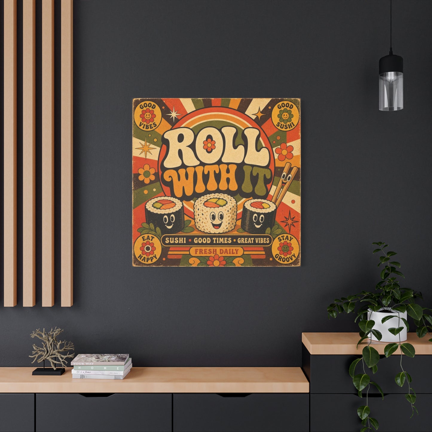"Roll With It" Sushi Canvas Wall Art - Retro Typography Food Illustration, Groovy Orange Green Bohemian Print, Cafe Wall Decor, Kitchen Room Decoration, Vintage Poster Style - Bedroom Home Decoration