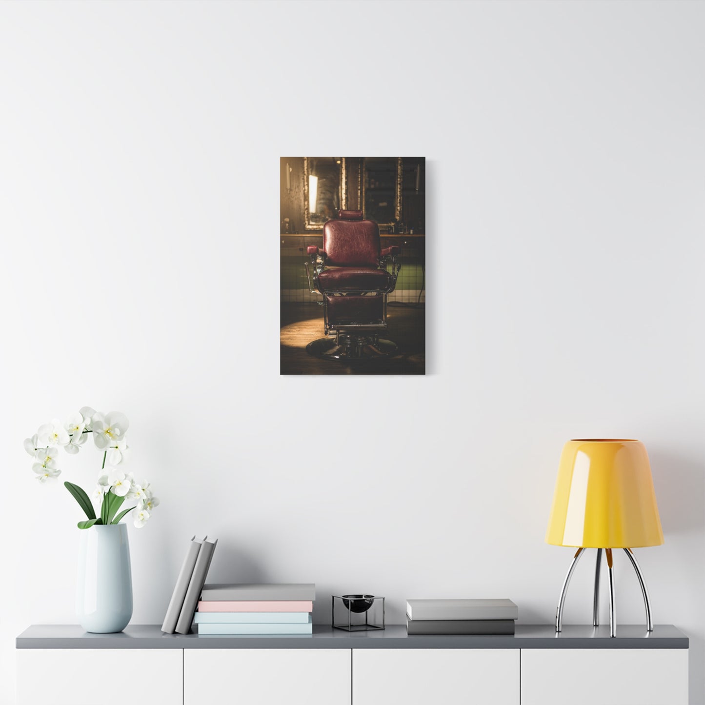 Vintage Barber Chair Canvas Print - Moody Barbershop Interior Art Print, Burgundy Leather Seat, Warm Cinematic Lighting - Rustic Contemporary Decor - Salon Wall Accent, Home Office Display