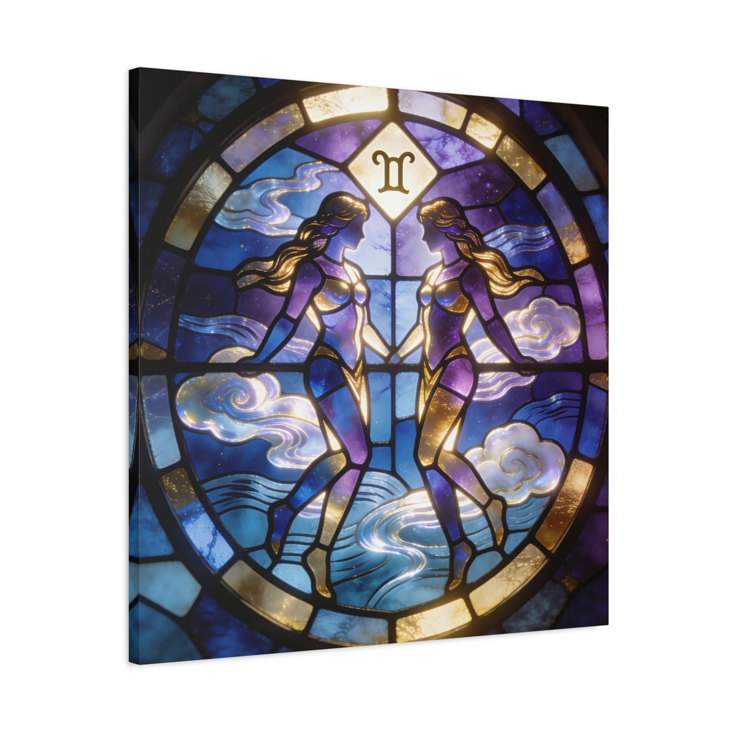 Gemini Zodiac Canvas Wall Art - Stained Glass Twin Women Celestial Print, Blue Purple Gold Astrology Decor - Modern Mystical Artwork - Bedroom Home Decoration Office Wall Art - Bedroom Home Decoration