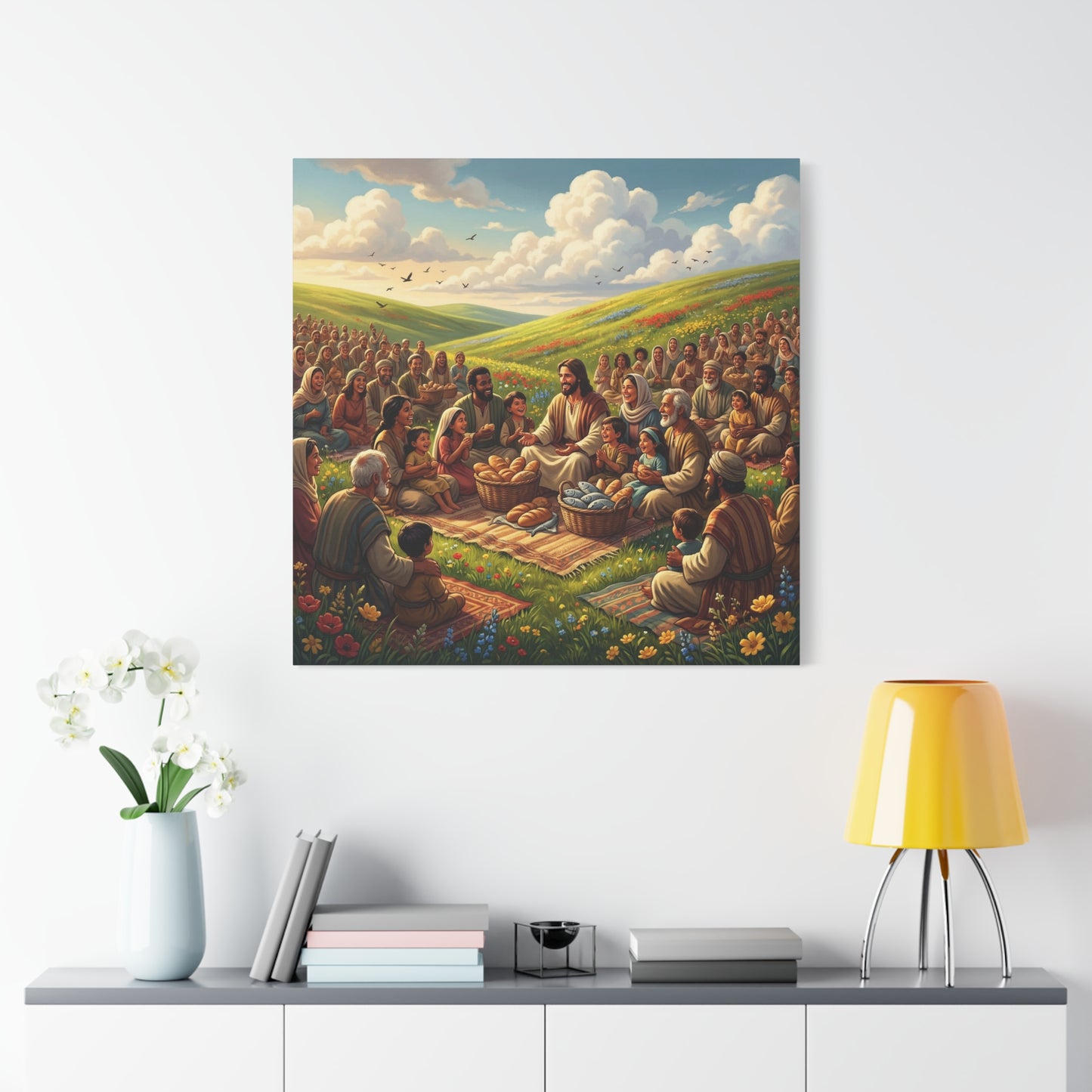 Jesus Feeding The Multitude Canvas Wall Art - Bread And Fish Biblical Scene - Meadow Landscape Christian Home Decor - Matte Cotton Print For Living Room, Bedroom, Office, Meditation Space