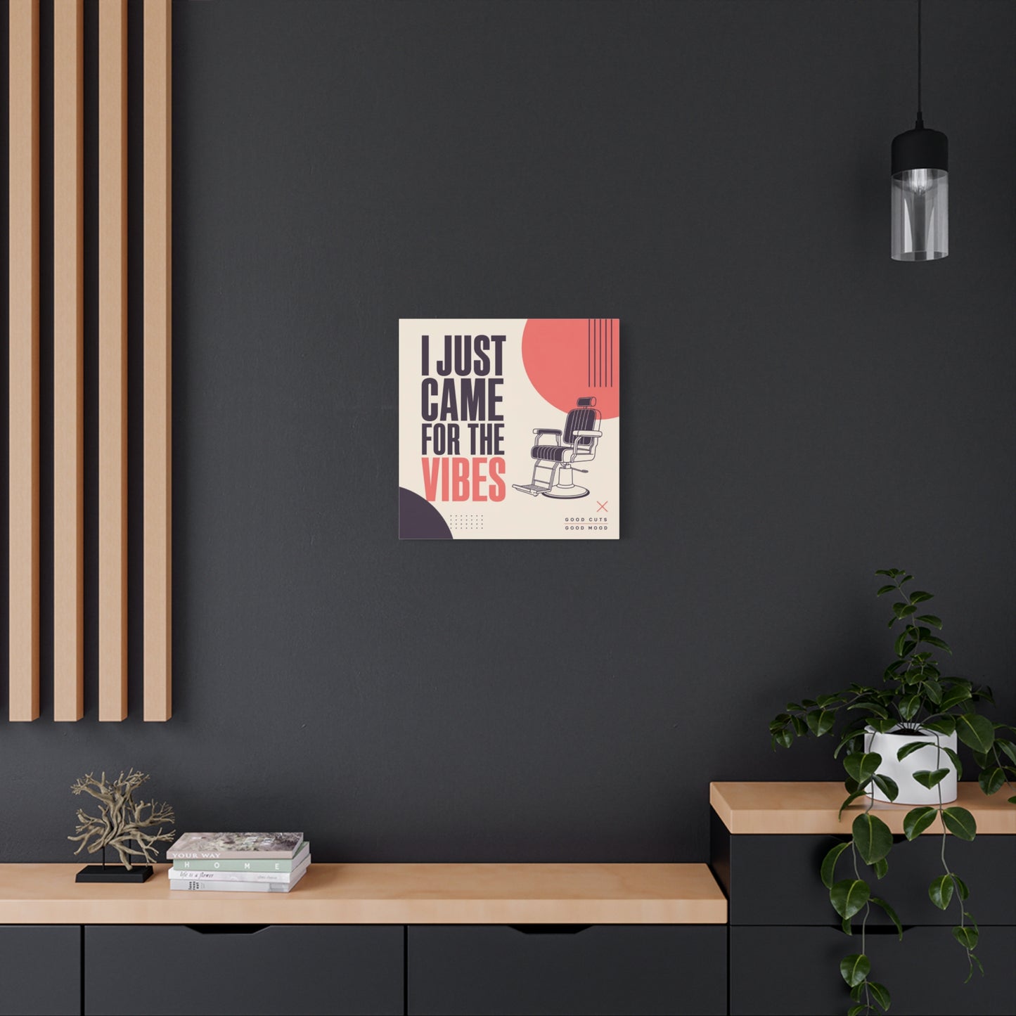 "I Just Came For The Vibes" Typography Canvas Wall Art - Barber Chair Line Illustration, Coral And Black Modern Salon Wall Decor - Minimalist Quote Print For Barbershop Lobby Workspace - Ready to Hang