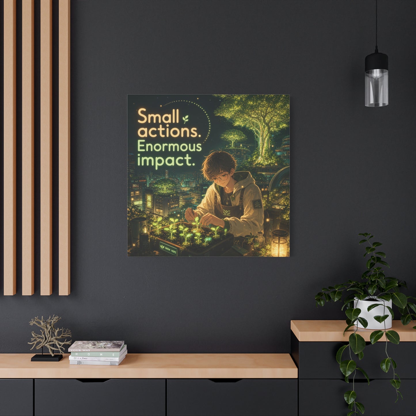"Small Actions. Enormous Impact." Inspirational Canvas Wall Art - Anime Boy Gardening Cityscape - Glowing Green Night Illustration - Bedroom Home Decoration, Home Office Decor - Living Room Wall Decor