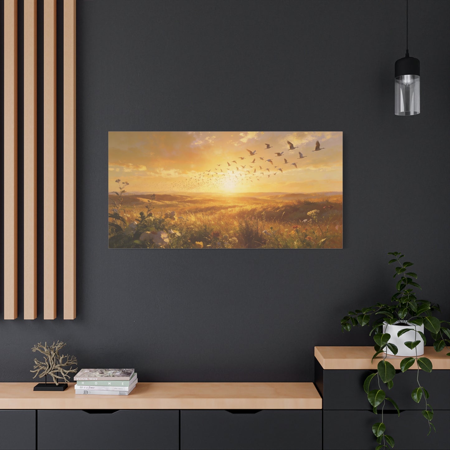 Golden Meadow Sunrise Canvas Wall Art - Flying Birds Over Wildflower Landscape, Lighted Patriotic Wall Hanging Banne Tone, Matte Finish Print - Rustic Living Room Decor - Bedroom Home Decoration