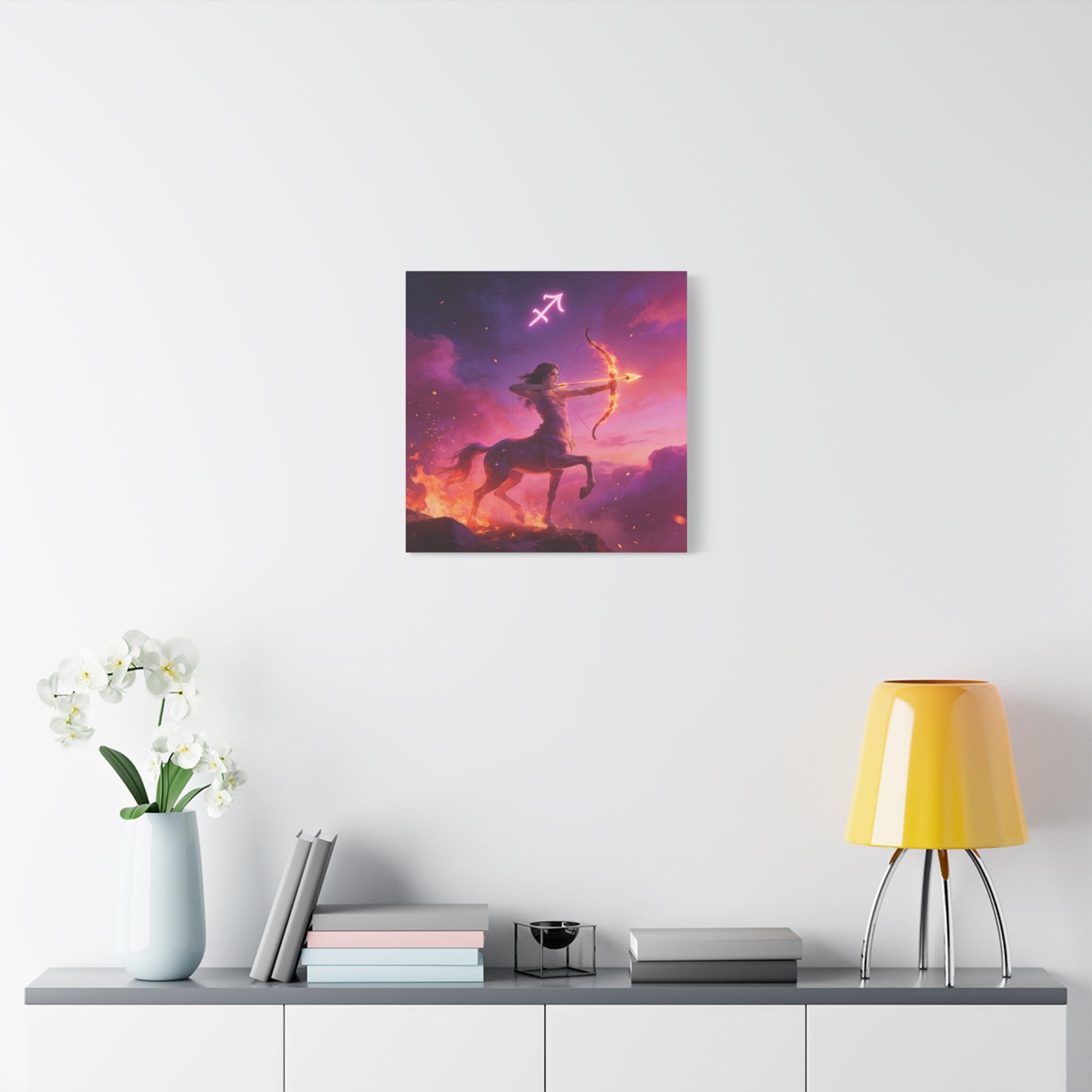 Sagittarius Centaur Archer Canvas Wall Art - Zodiac Fantasy Fire Bow Illustration - Purple Pink Matte Canvas Print - Bedroom Home Decoration, Living Room Wall Decor, Celestial Decor - Ready to Hang