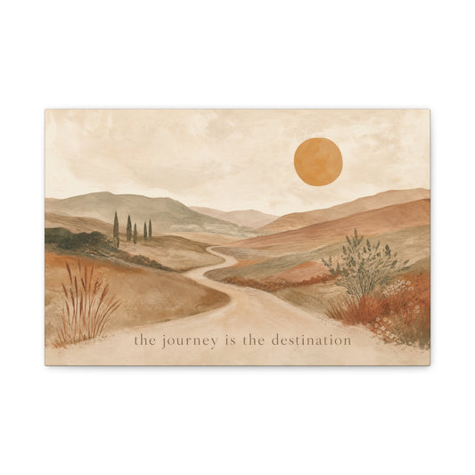 "The Journey Is The Destination" Landscape Canvas Wall Art - Desert Hills, Winding Path, Terracotta Sun - Minimalist Typography Print - Bedroom Wall Decor, Living Room Home Decoration - Ready to Hang