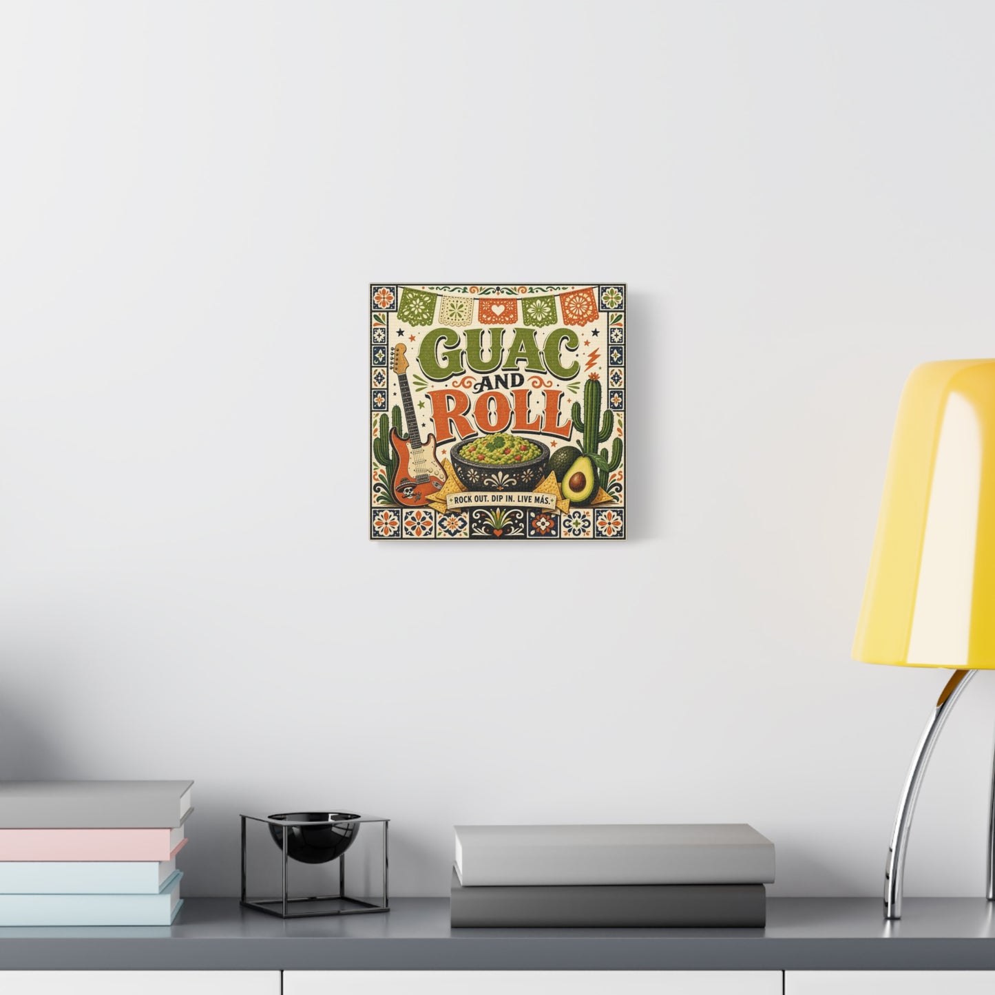 "Guac And Roll" Typography Canvas Wall Art - Fiesta Guitar, Cactus, Avocado Folk Illustration - Bohemian Rustic Style - Kitchen Wall Decor, Dining Room Accent, Cafe Wall Decor - Modern Farmhouse Style