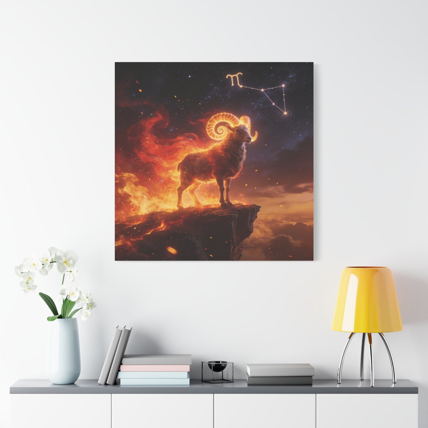 Aries Ram Canvas Wall Art - Fiery Zodiac Constellation Celestial Animal Print - Glowing Horns, Cosmic Night Sky - Contemporary Fantasy Style - Bedroom Home Decoration Office Wall Art - Ready to Hang