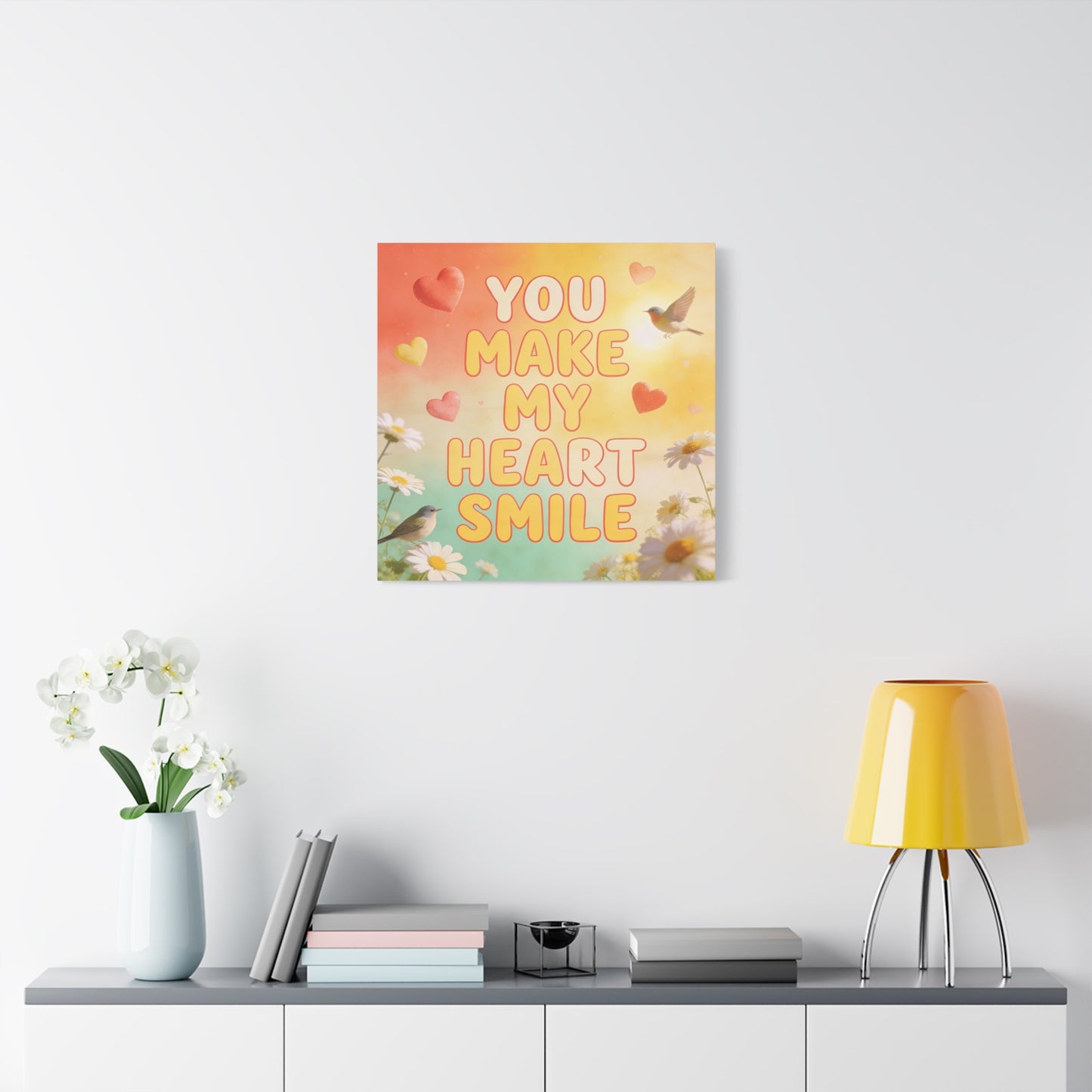 "You Make My Heart Smile" Inspirational Canvas Wall Art - Daisy And Songbird Quote Print, Pastel Typography Decor, Cheerful Bedroom Wall Hanging, Nursery Home Accent - Bedroom Home Decoration