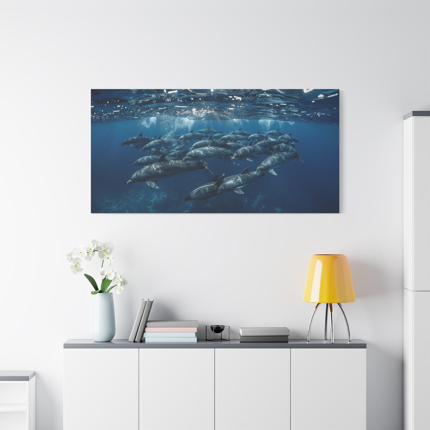 Dolphin Pod Canvas Wall Art - Underwater Ocean Art Print, Blue Marine Wildlife Decor - Matte Coastal Style - Living Room Wall Decor, Bedroom Home Decoration - Bedroom Home Decoration