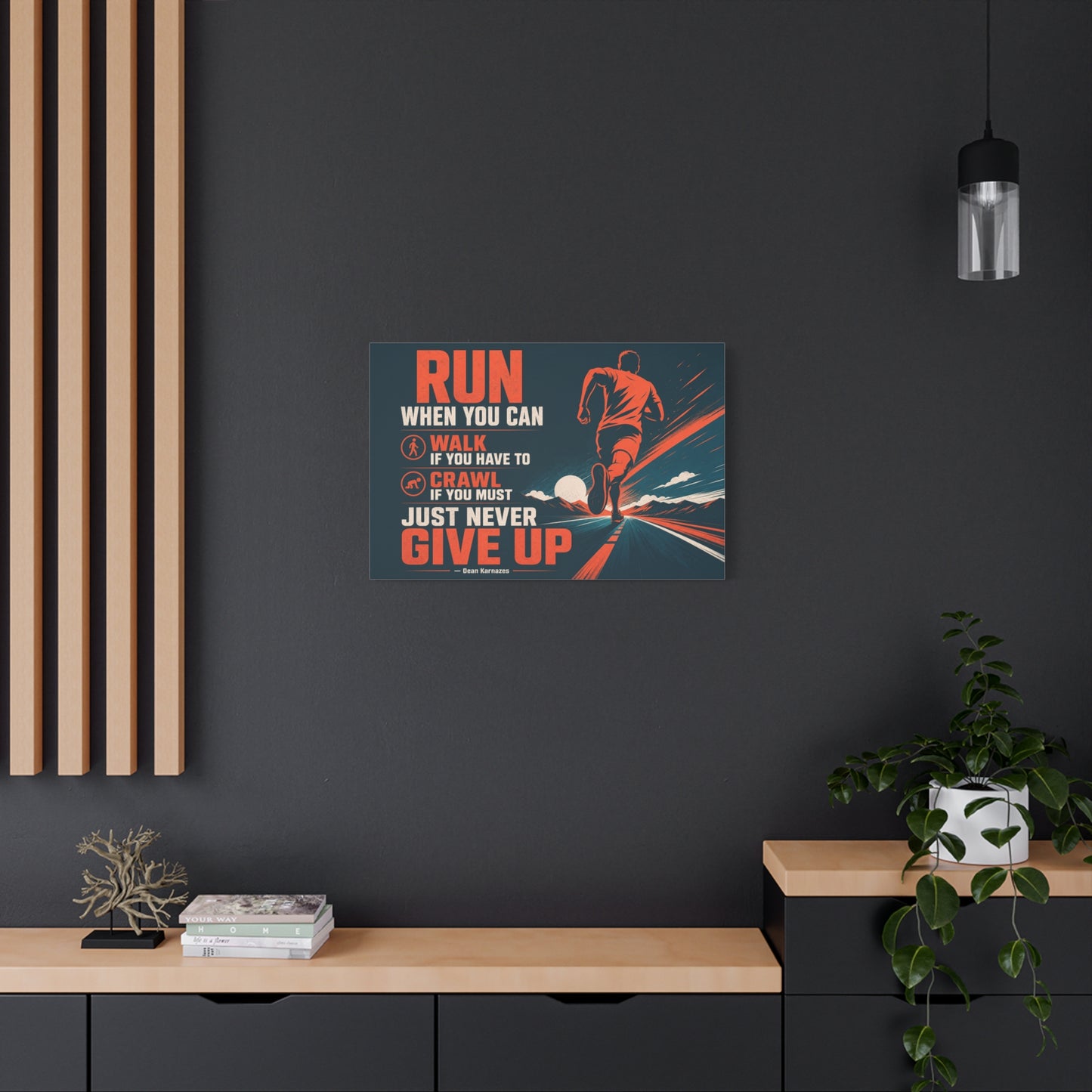 "Run When Able Walk If Needed Crawl If Required Just Never Give Up" Motivational Canvas Wall Art - Runner Road Quote Print, Retro Typography, Gym Wall Hanging - Ready to Hang - Fitness Studio Art