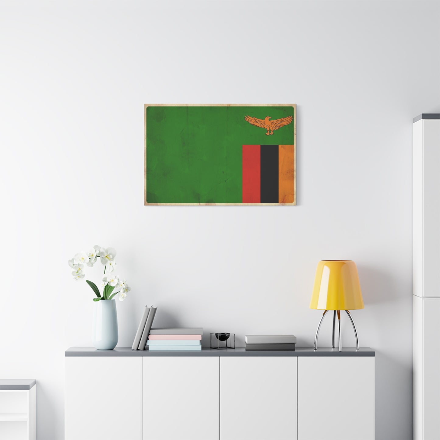 Zambia Flag Canvas Wall Art - Green Field, Orange Eagle, Red Black Gold Stripes - Vintage Patriotic Print - Living Room Wall Decor, Office Art - Bedroom Home Decoration - Bedroom Home Decoration