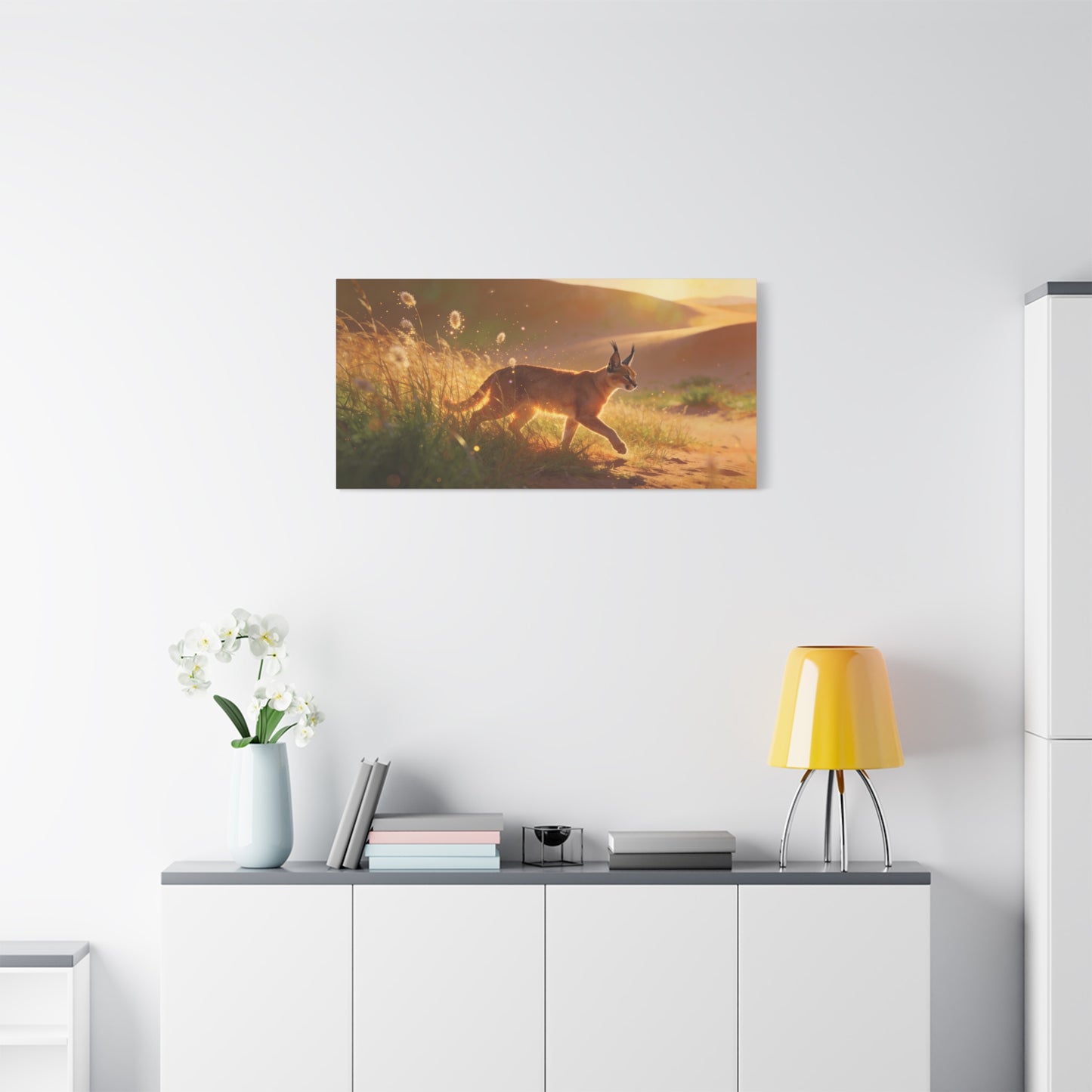 Caracal Canvas Wall Art - Golden Desert Wildlife Scene, Sunlit Grassland Illustration - Matte Cotton Art Print, Contemporary Nature Decor - Living Room Accent, Bedroom Decoration - Ready to Hang