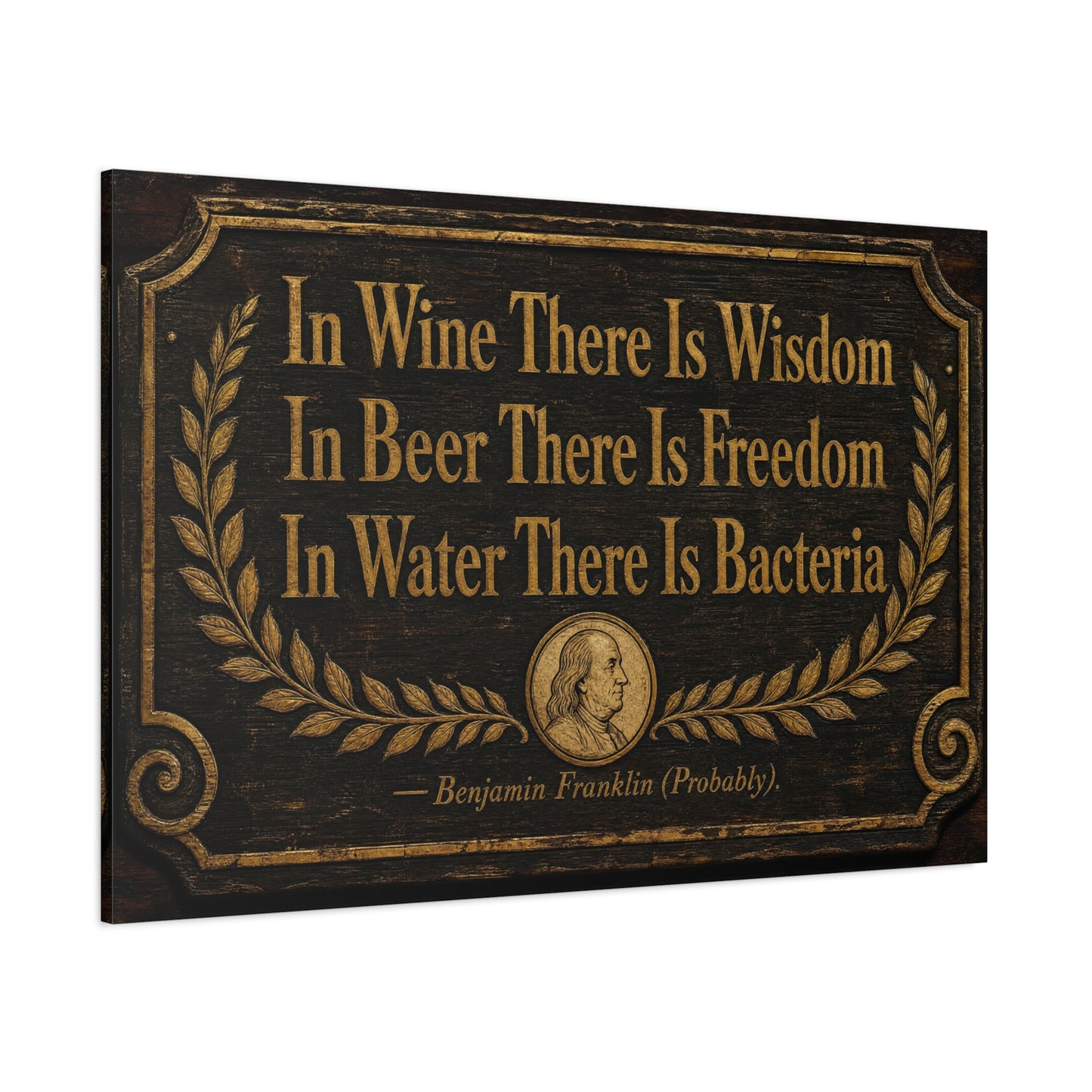 "In Wine There Is Wisdom In Beer There Is Freedom" Canvas Wall Art - Vintage Bar Quote Print, Rustic Tavern Style, Brown Gold Typography Decor, Home Bar - Office Wall Art - Cocktail Lounge Decor