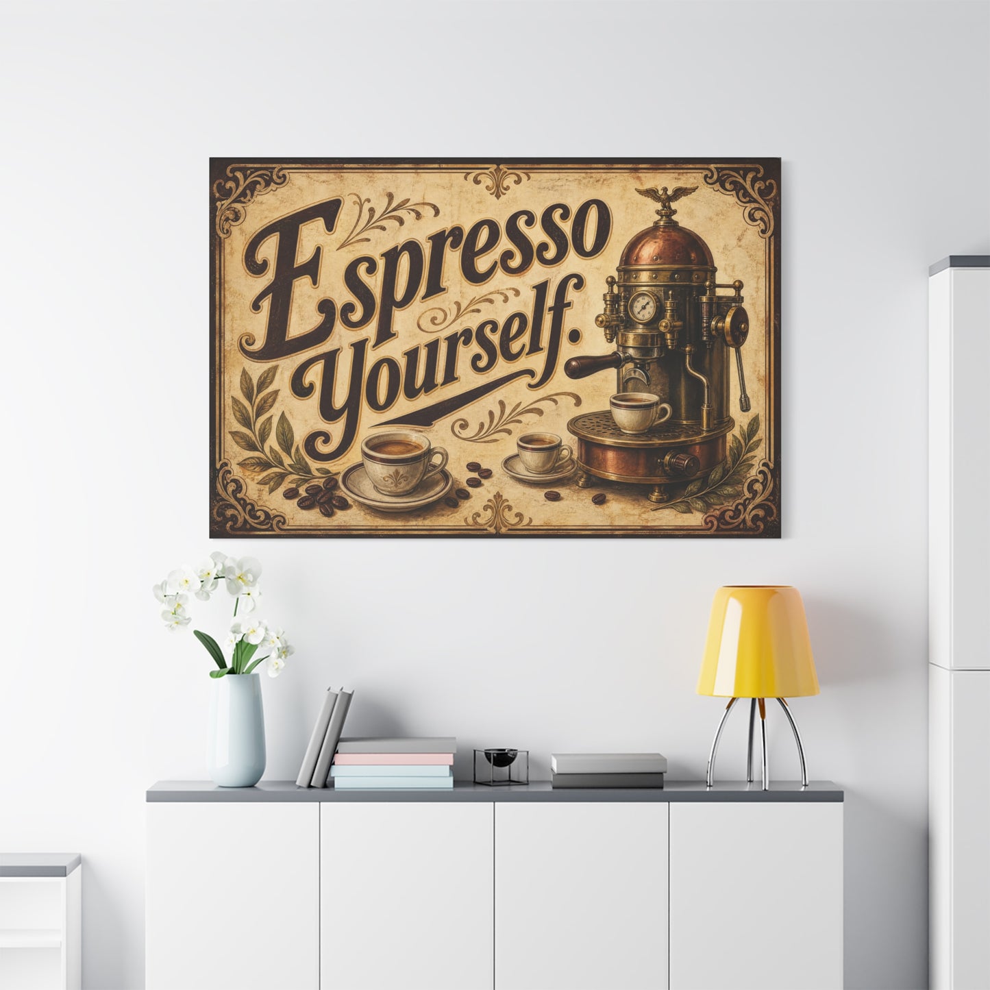 "Espresso Yourself" Coffee Canvas Wall Art - Vintage Espresso Machine Decor - Rustic Cafe Style Matte Print - Ready to Hang - Ready to Hang - Coffee Shop Decor - Cafe Wall Art - Gallery Wrapped Canvas