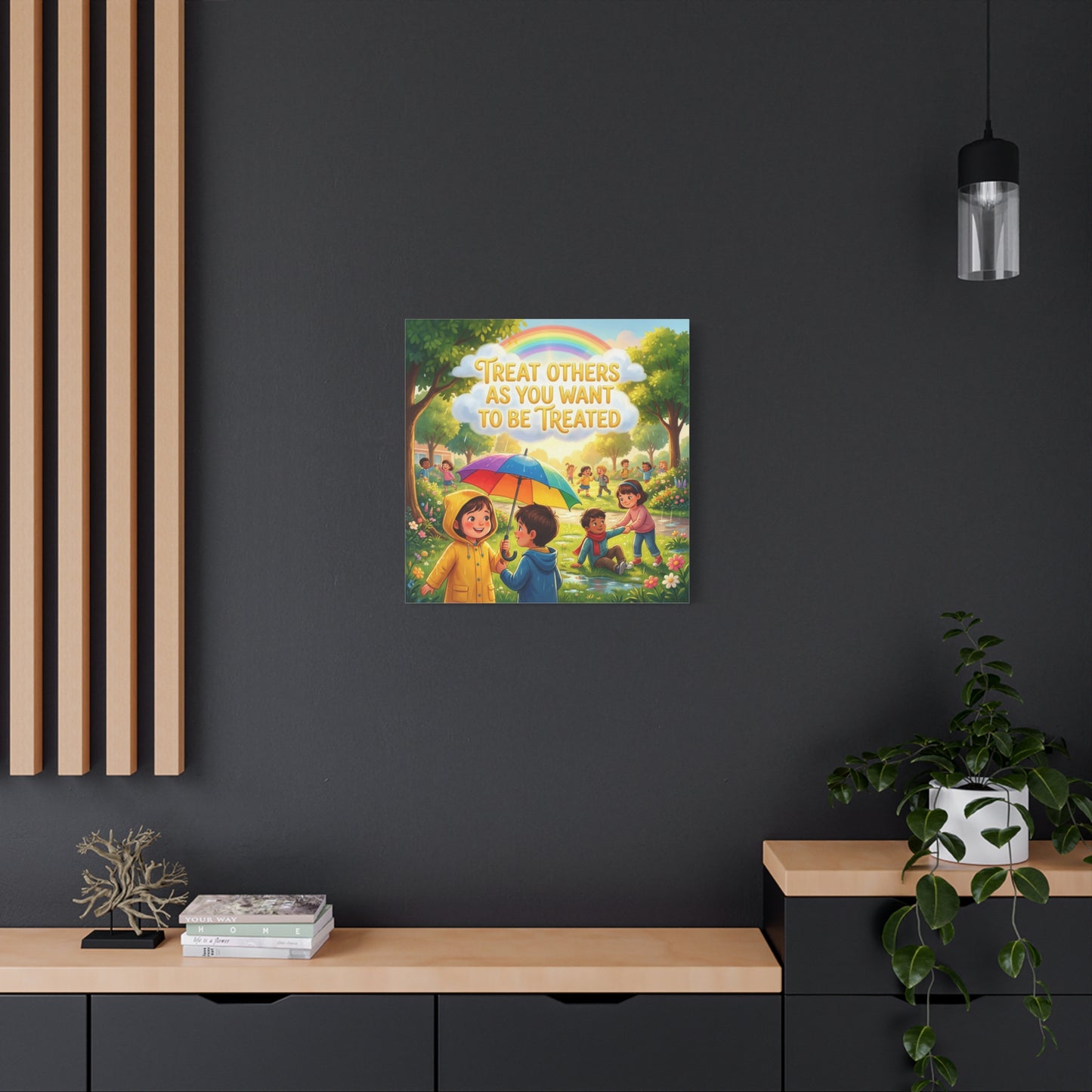 "Treat Others As You Want To Be Treated" Kids Canvas Wall Art - Rainbow Umbrella Kindness Quote Print - Colorful Classroom Decor - Nursery Playroom Bedroom Home Decoration - Bohemian Wall Hanging