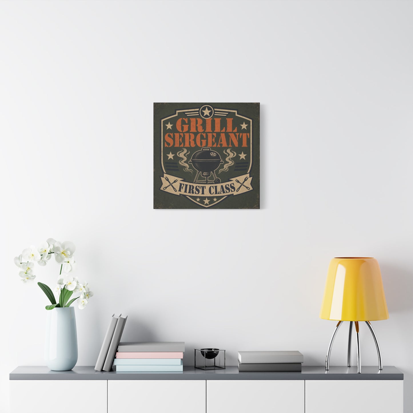 "Grill Sergeant First Class" BBQ Canvas Wall Art - Vintage Grill Badge Sign, Rustic Patriotic Kitchen Decor, Retro Barbecue Poster Style, Man Cave Wall Decor - Ready to Hang - Bedroom Home Decoration